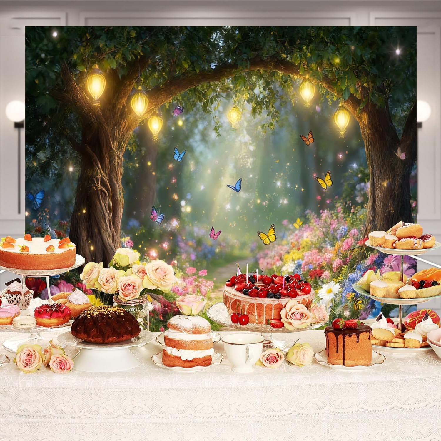 10x10ft Enchanted Forest Backdrop Tree Arch Vintage Lantern Glitter Enchanted Photo Backdrop Butterfly Colorful Flower Garden Photography Background for Forest Themed Party Decorations