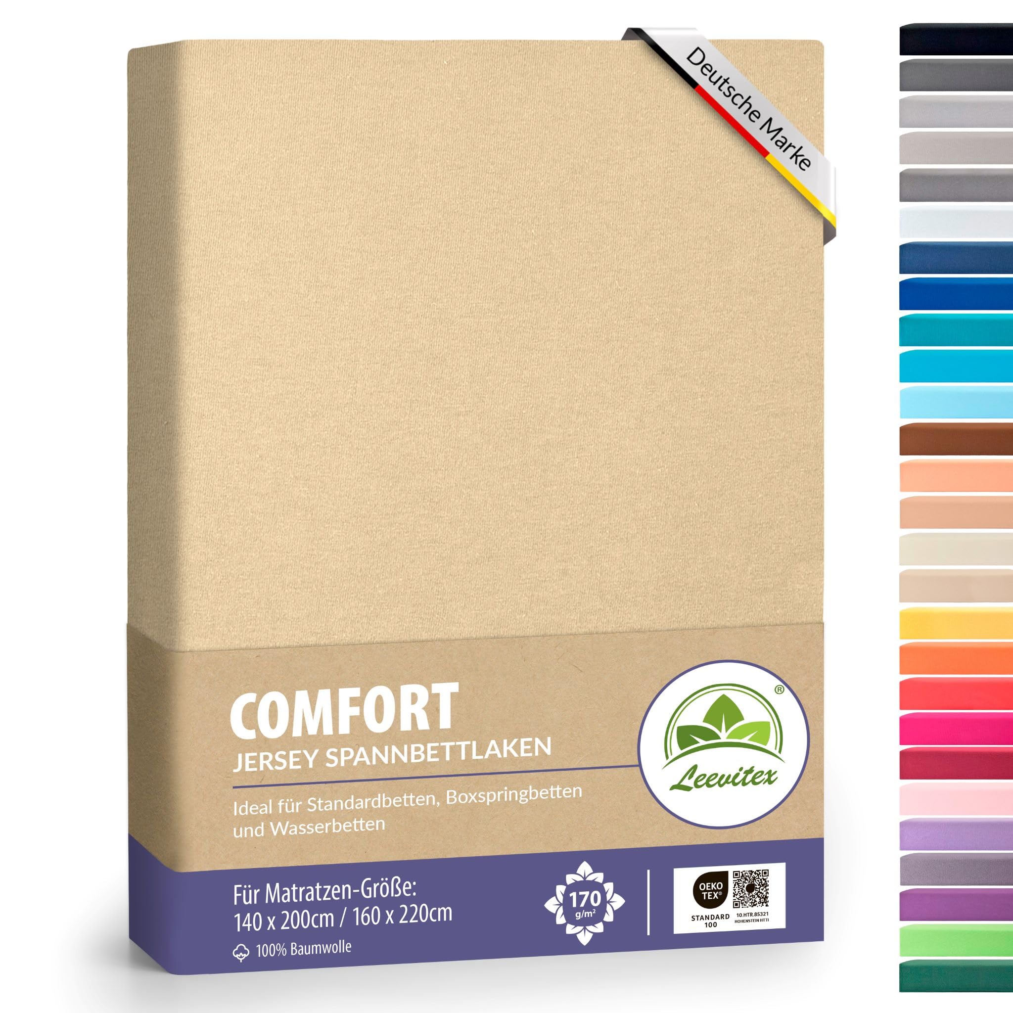 leevitex® Premium Spannbettlaken 140x200-160x220 cm - 40 cm Steg - auch für Boxspringbett & Wasserbett | 100% Mako-Jersey-Baumwolle | ÖKO-TEX | 170g/m² | Düne/Sand