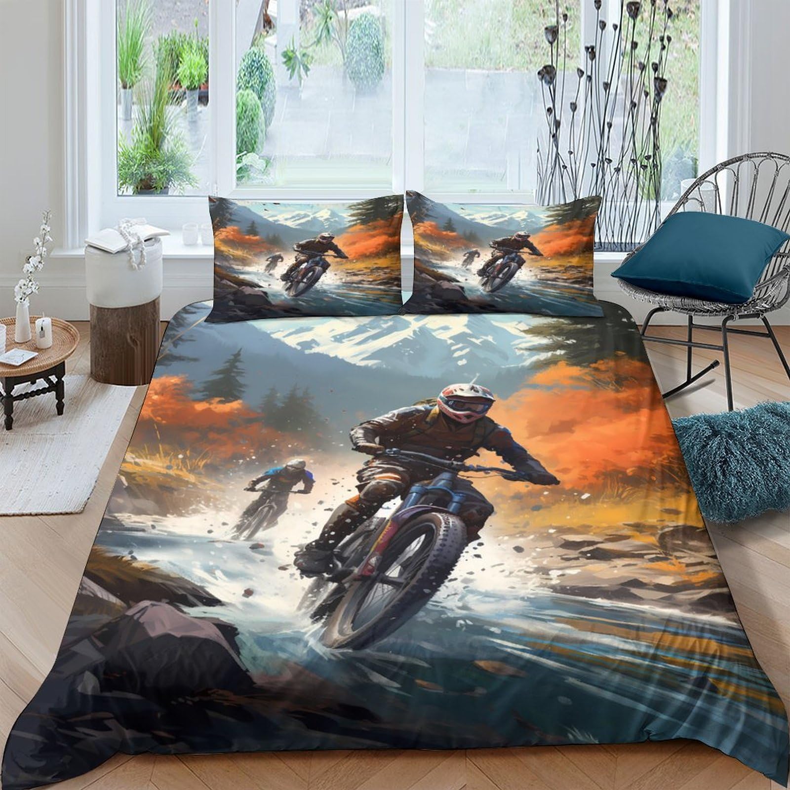 TUFRTGYHN 3D Printed Motocross Mountain Duvet Cover Microfiber Soft Breathable Sunset Landscape Bedding Set with 2 Pillowcases for Bedroom Decor Single（135x200cm）