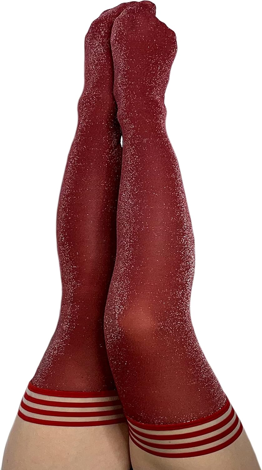 Kix'ies Thigh Highs | Thigh High Womens Stockings with No Slip Grip Stay Ups Thigh Bands | Womens Thigh High Stockings | Sexy Thigh High Stockings & Lingerie for Women (Holly Cranberry Sparkle 1343C)