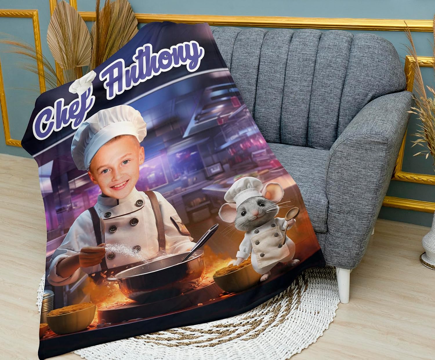 Photo Blankets Customize with Face, Personalized Easter Gifts, Chef Mouse Cartoon Kids Blanket for Boys Girls, Minky Sherpa Picture Blankets 30 x 40, Birthday KC65