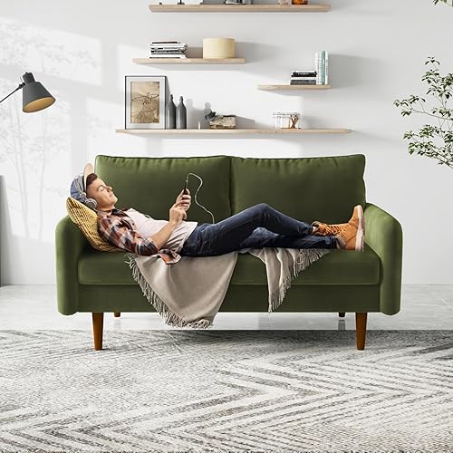 Miniatura 3 de Cómodo sofá biplaza de tela de terciopelo de 58 pulgadas de ancho con asiento profundo y patas de madera maciza, moderno sofá reclinable de mediados