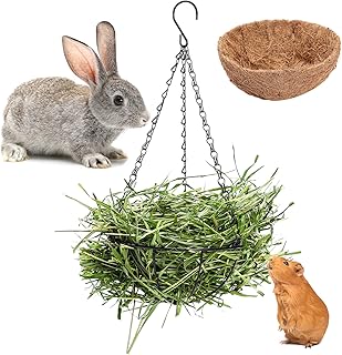 Rabbit Hay Feeder with Metal Frame Hay Holder, Hanging Basket Shaped Rabbit Hay Feeder with Timothy Hay and Coconut Fiber Nest, Hay Feeder for Rabbit Guinea Pig Bunny Chinchilla