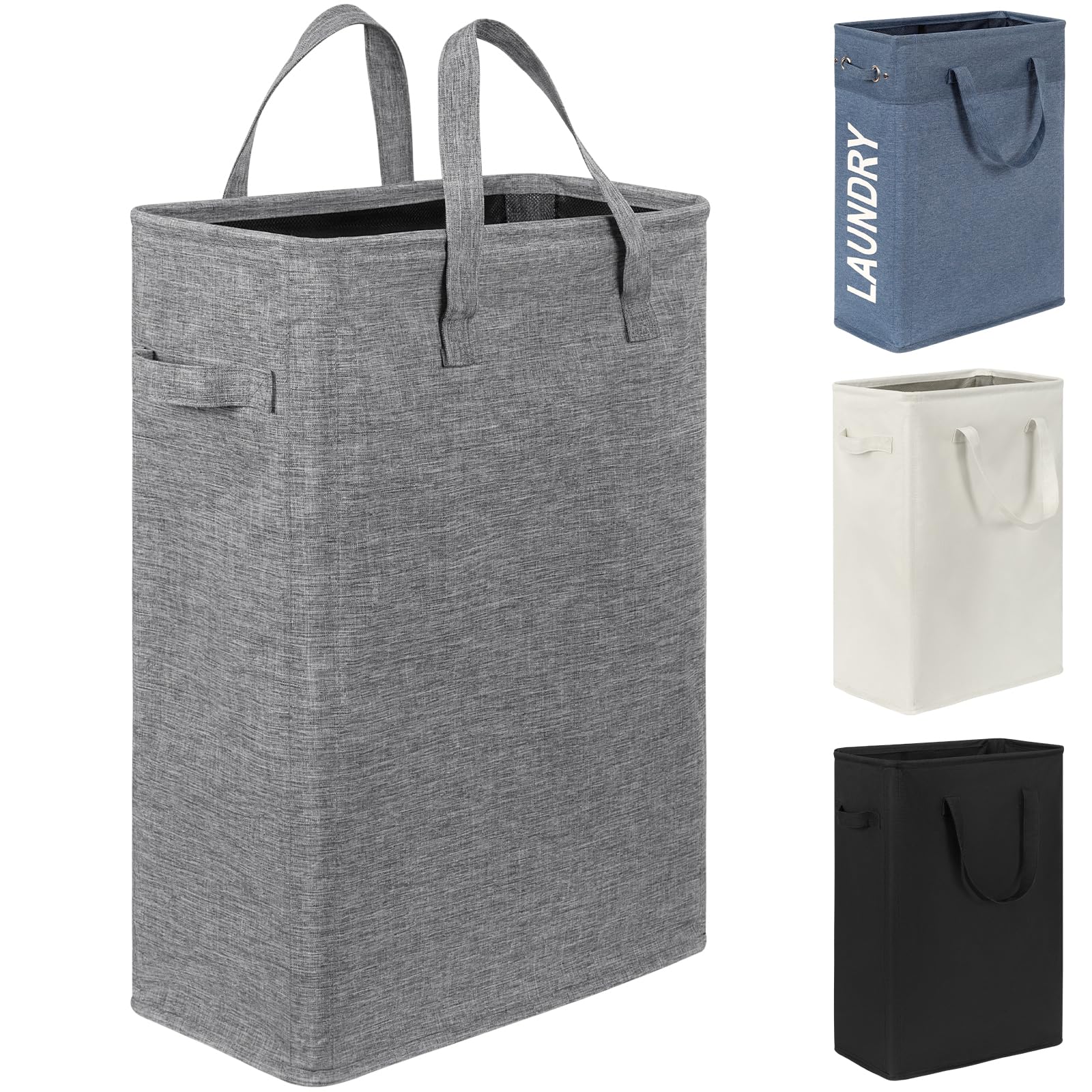Chrislley 45L Slim Laundry Hamper Thin Laundry Basket with Handle Foldable Dirty Clothes Basket Durable Laundry Storage Organizer Bathroom Corner Narrow (22 inches ,Upgrade Grey 2)