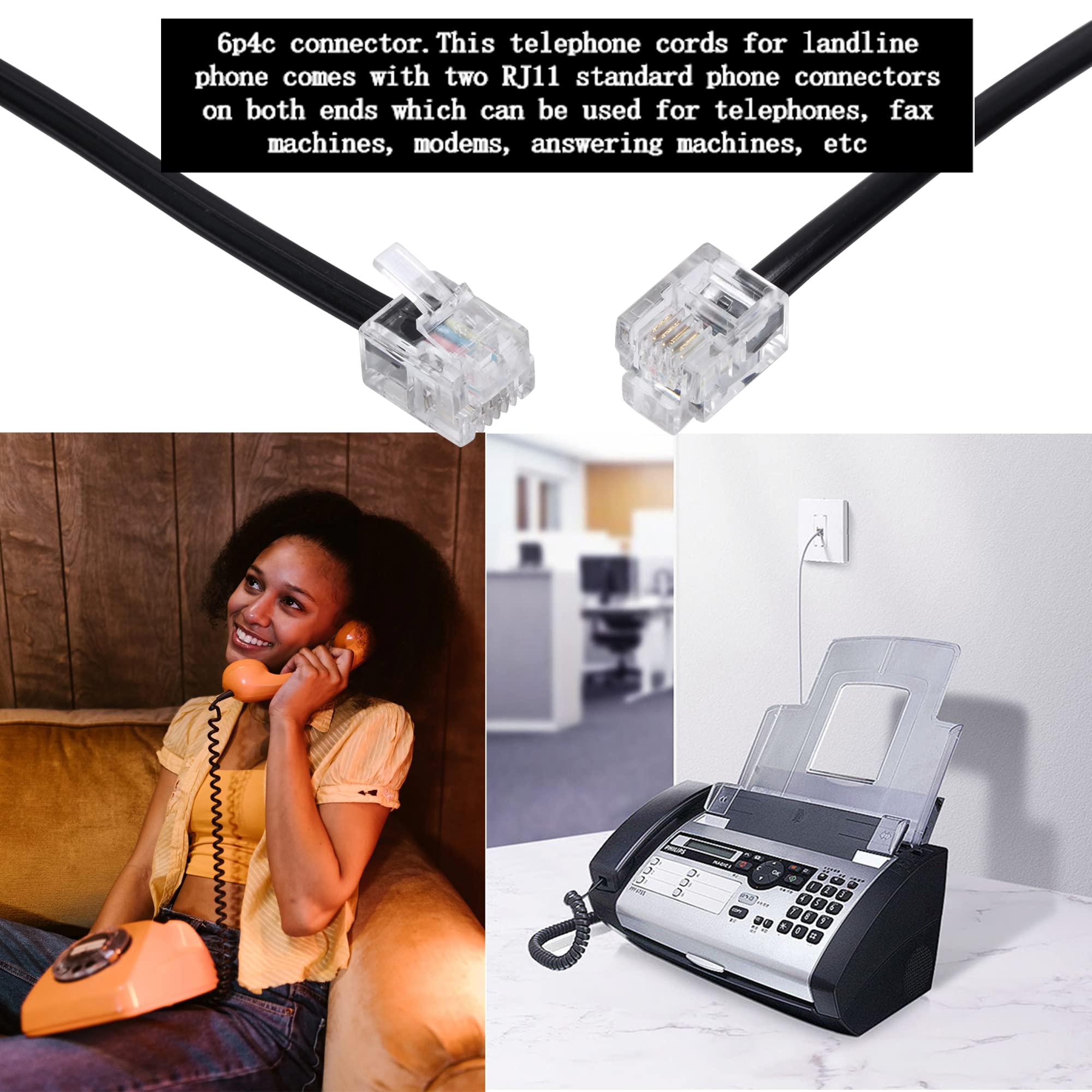 Cavo di prolunga per telefono da 4,6 m con connettori standard RJ11 6P4C per telefono fisso, nero, confezione da 2
