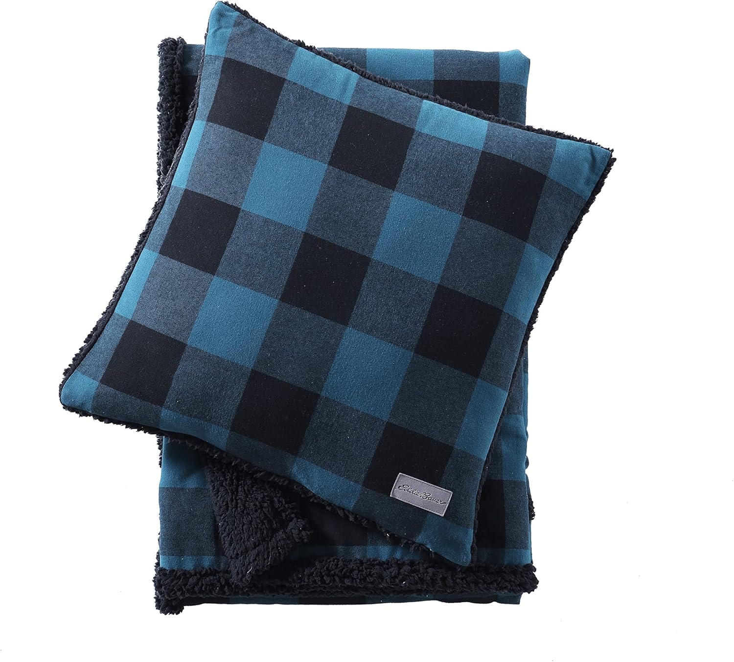 Blue and Black Plaid Reversible Fleece Pillow and Throw Set
