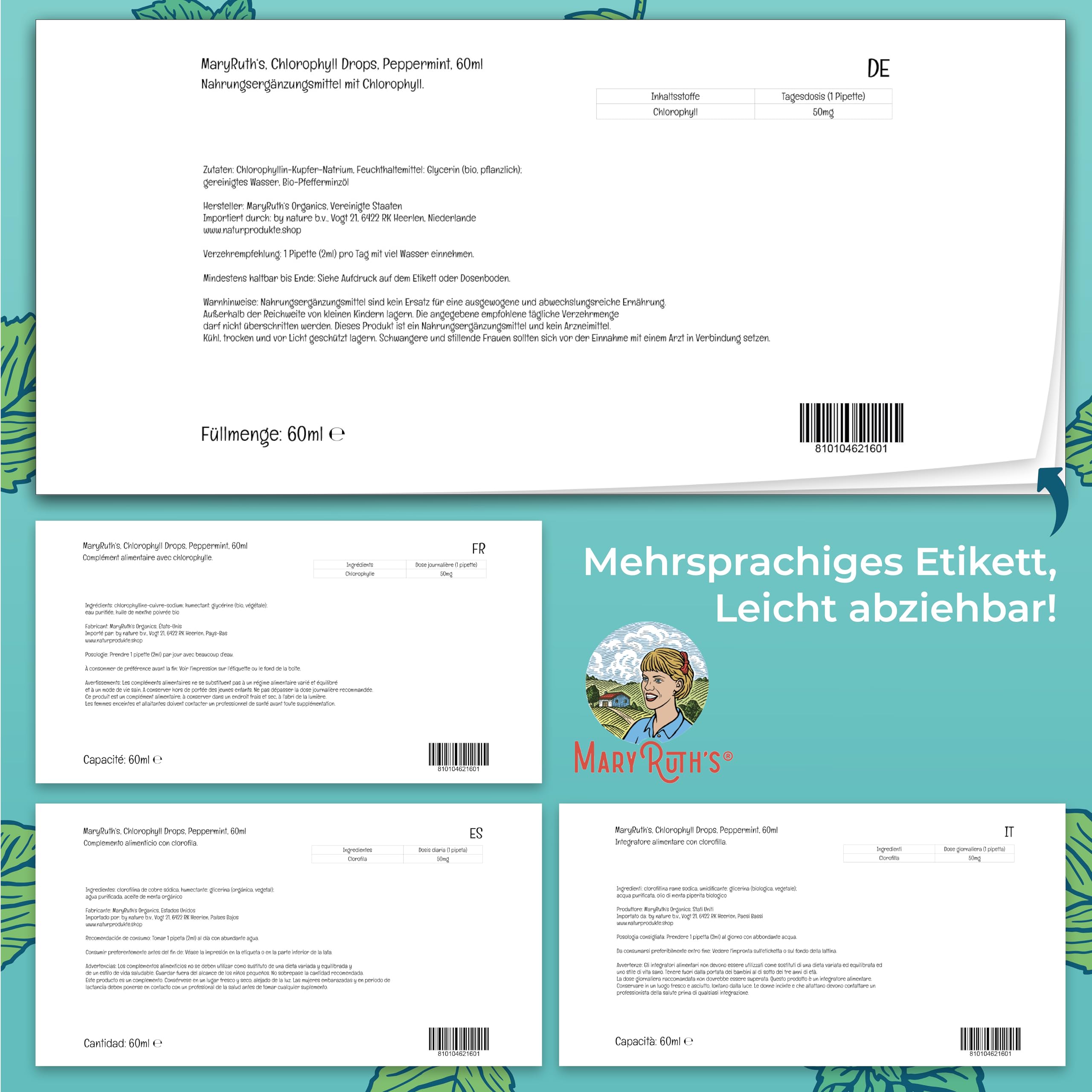 MaryRuth's, Chlorophyll Drops, 60ml, 50mg Chlorophyll je Dosis, Pfefferminzgeschmack, Vegan, Glutenfrei, Sojafrei, GMO frei