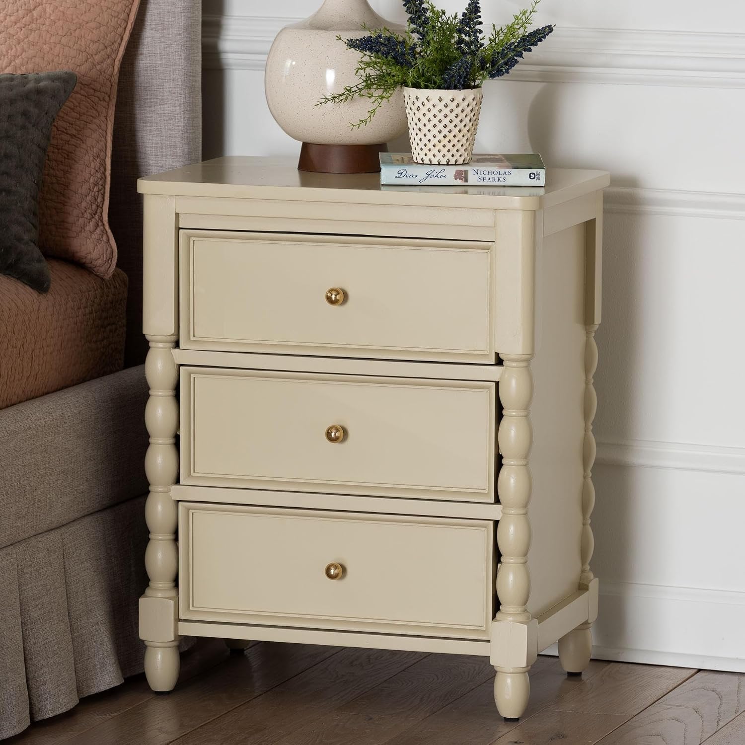 Bali & pari Kyla Nightstand with Spindle Legs - 3-Drawer Bedside Table with Turned Detailing and Inset Paneling