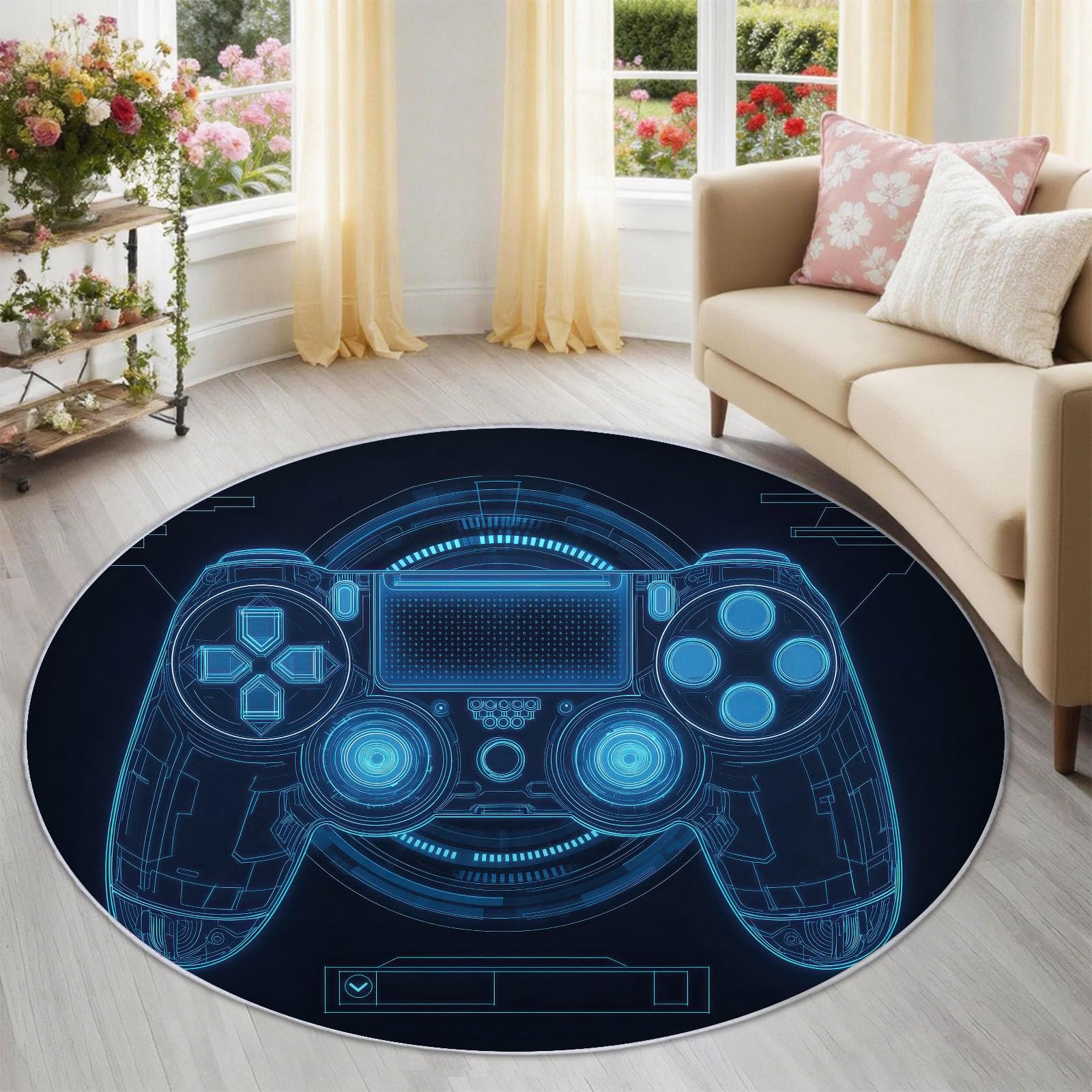 Generisch Teppich Rund 180 cm Gaming-Controller 3D-Effekt, Waschbar rutschfest Kurzflor, Bedruckter Runde Teppich für Schlafzimmer Kinderzimmer Wohnzimmer Gamer, Blau