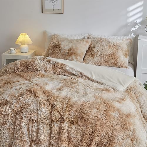 Miniatura 3 de Wajade Juego de edredón de pelo sintético de color camello teñido anudado, juego de ropa de cama mullido y peludo, juego de edredón de microfibra