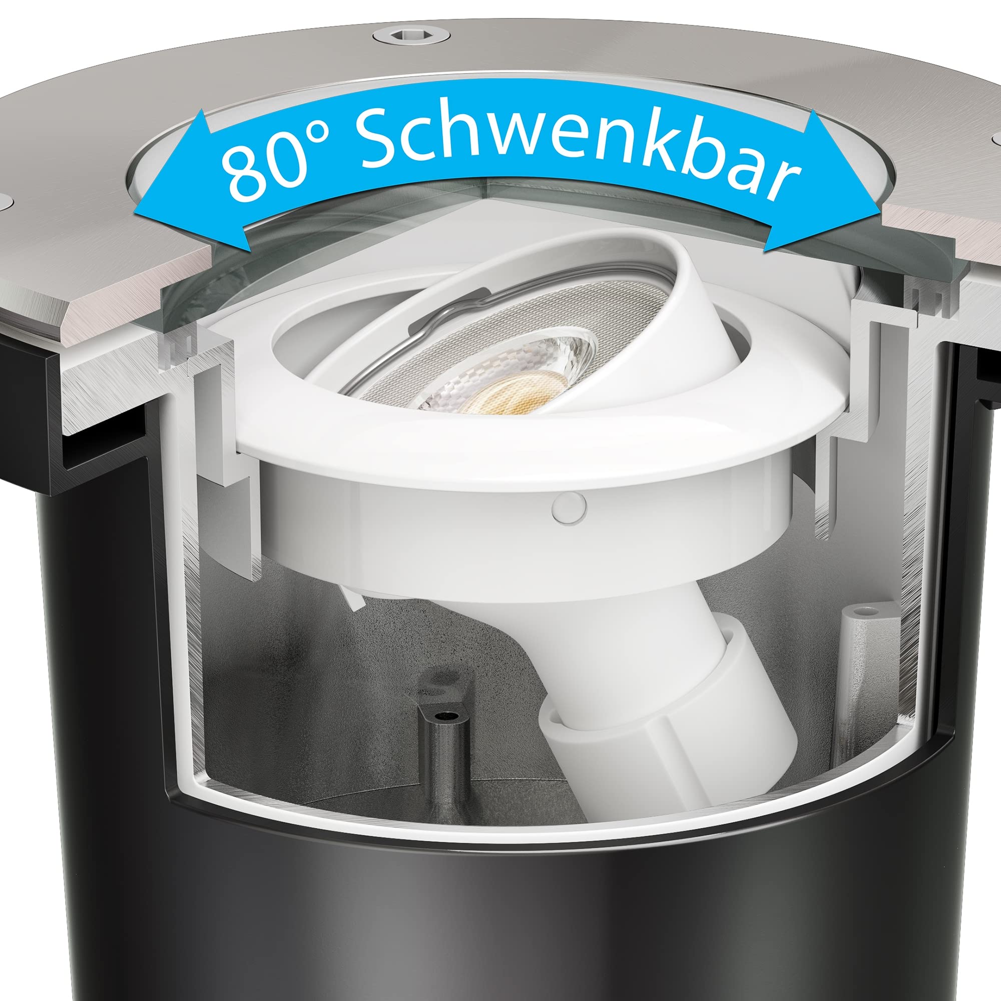 ledscom.de Apparecchio da incasso a terra BOFU per esterni, IP67, girevole, acciaio inox, rotondo, Ø 150 mm; incl. GU10 LED 468lm bianco caldo