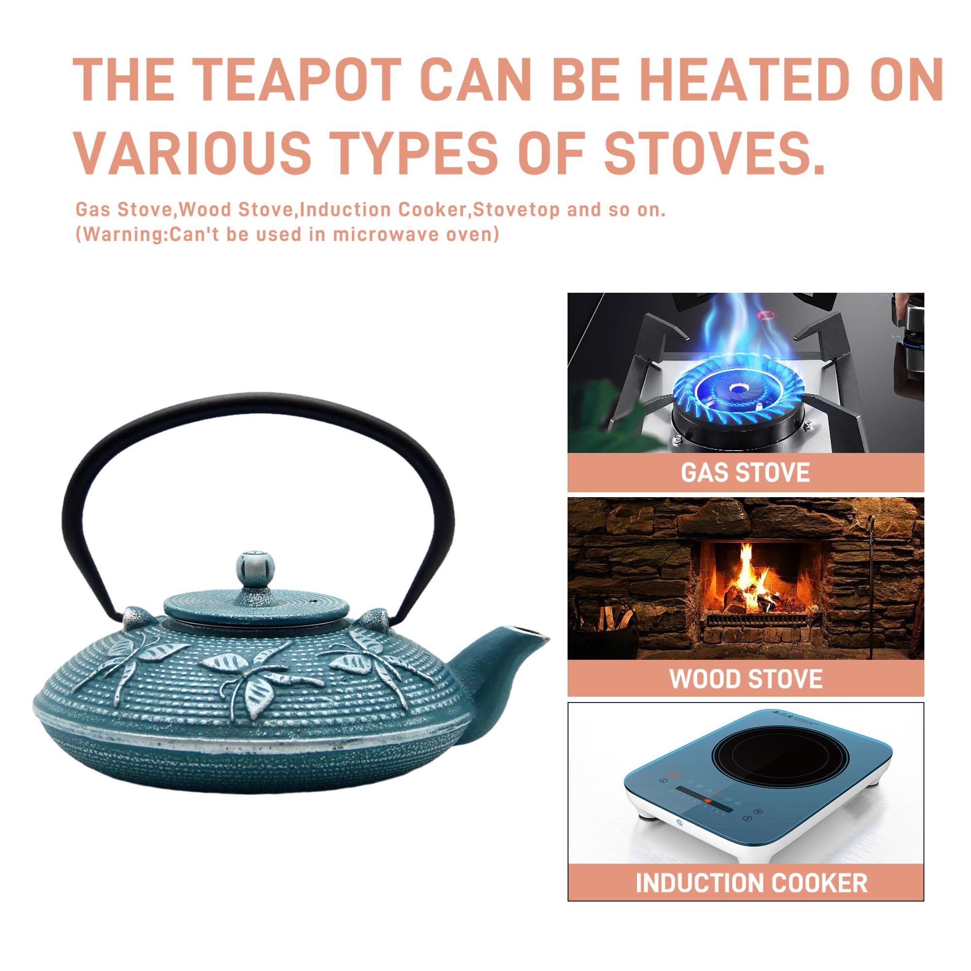 Tetera de hierro fundido, tetera SECHUDO recubierta con interior esmaltado para té suelto, tetera de hierro fundido con infusor de acero inoxidable para estufa segura (27 onzas, patrón 2)