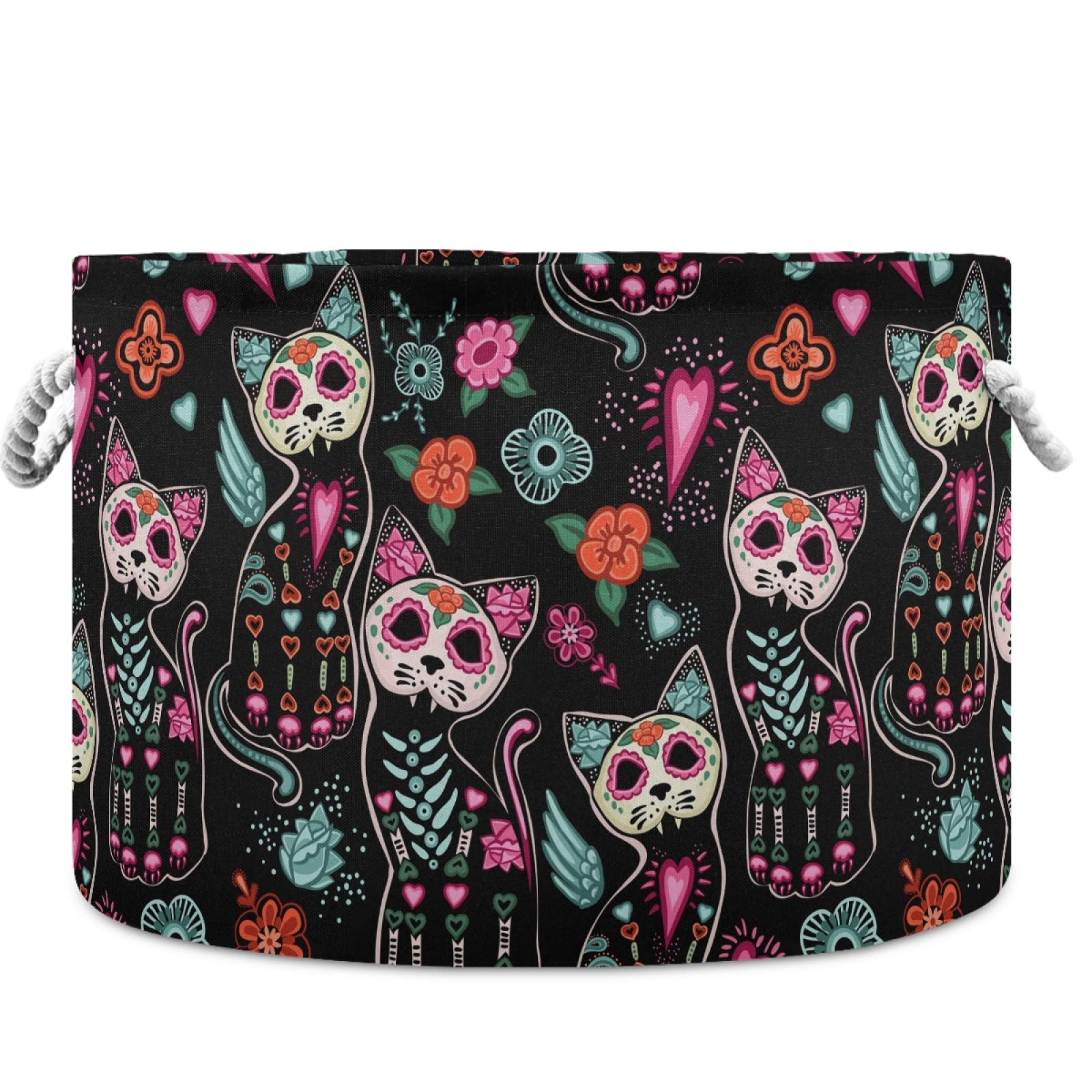 visesunny Collapsible Large Capacity Basket Sugar Skull Cat Flower Floral Clothes Toy Storage Hamper with Durable Cotton Handles Home Organizer Solution for Bathroom, Bedroom, Nursery, Laundry,Closet