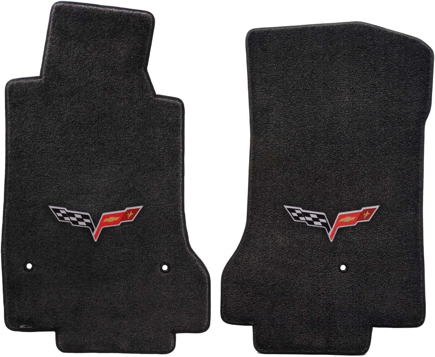 Lloyd Mats Fits 2007.5-2013 C6 Corvette Driver & Passenger Floor Set; Black/Ebony Velourtex Fabric with Crossed Flags Logo Embroidery