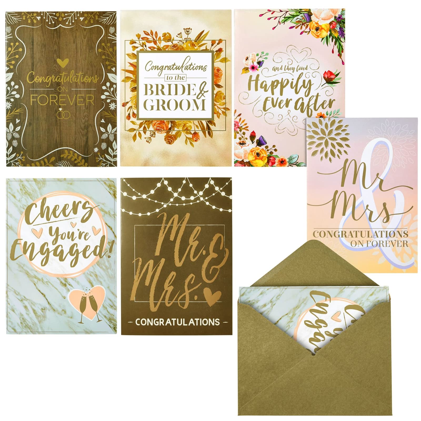 Best Nest Wellness Wedding Cards Variety Set - 36 5 x 7 In Cards - 6 Rustic Designs With Olive Green Envelopes - Engagement & Wedding Congratulations Collection