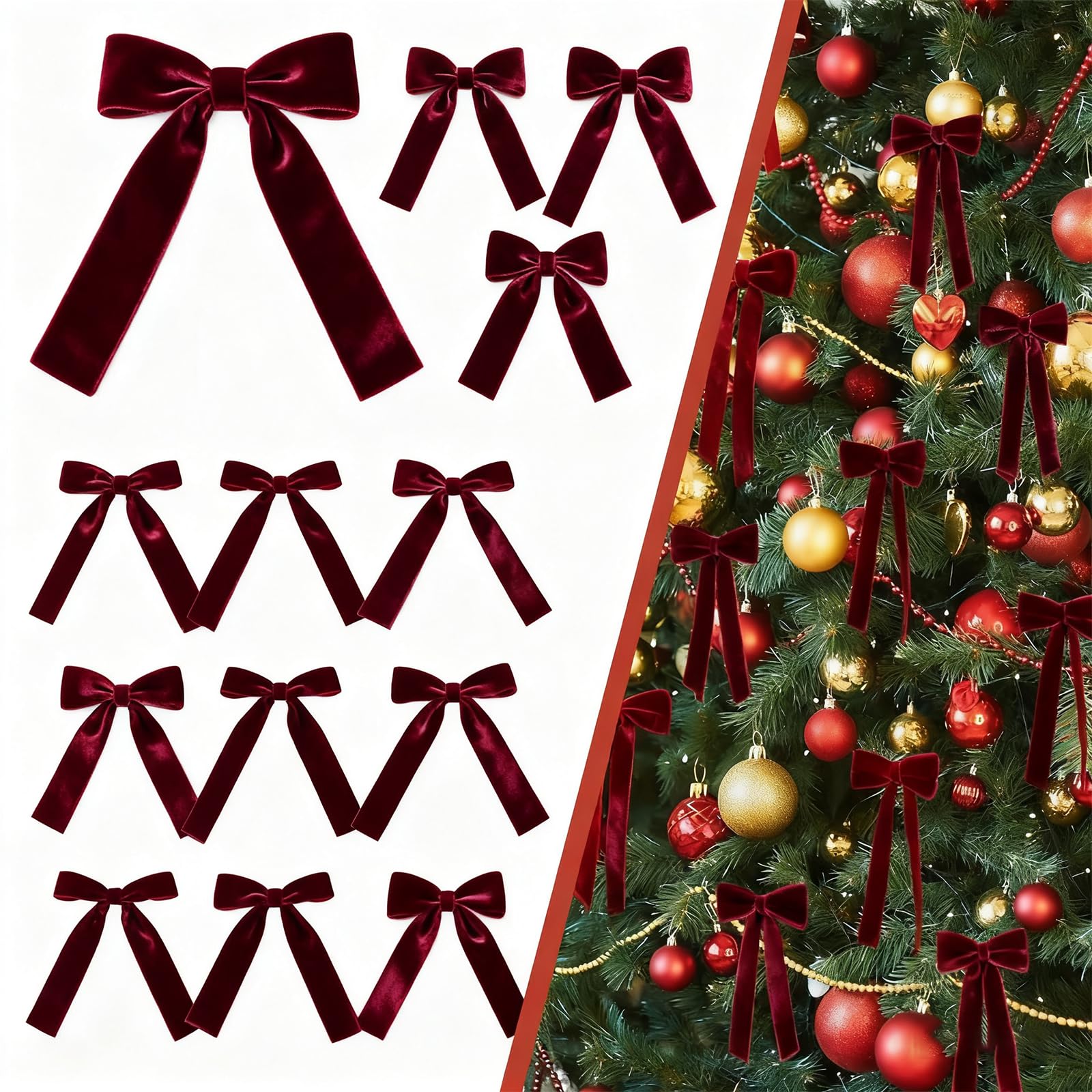 12/24Pcs Red Velvet Ribbon Bows for Christmas Tree, Burgundy Bows for Christmas Tree for Garland, Stockings, Fireplace, Gift Box Decors. (Burgundy,12Pcs)
