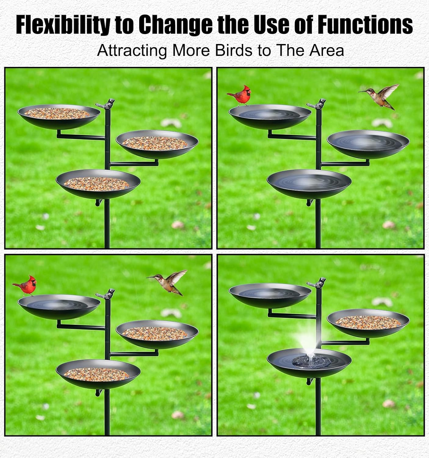 44" H Bird Bath and Feeder for Outside, 3 in 1 Metal Birdbaths for Outdoors, with 4-Prong Stake Base for Outdoors Yard Garden Patio, Black