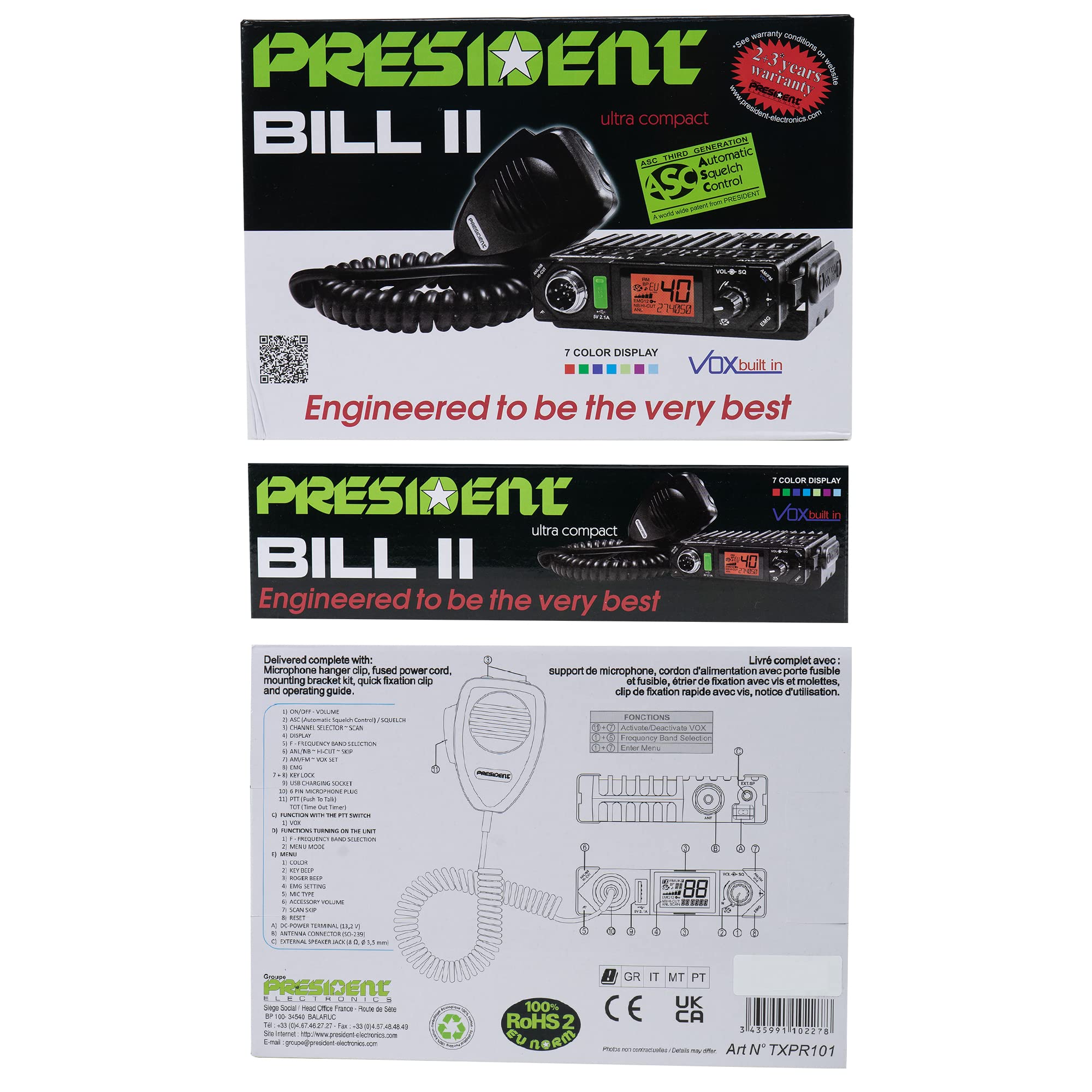 Radio CB President Bill II ASC, VOX, Roger Beep, Scan, 4W, 12 V Mejorado con filtros de Ruido NB, ANL y Hi - Cut, Nero