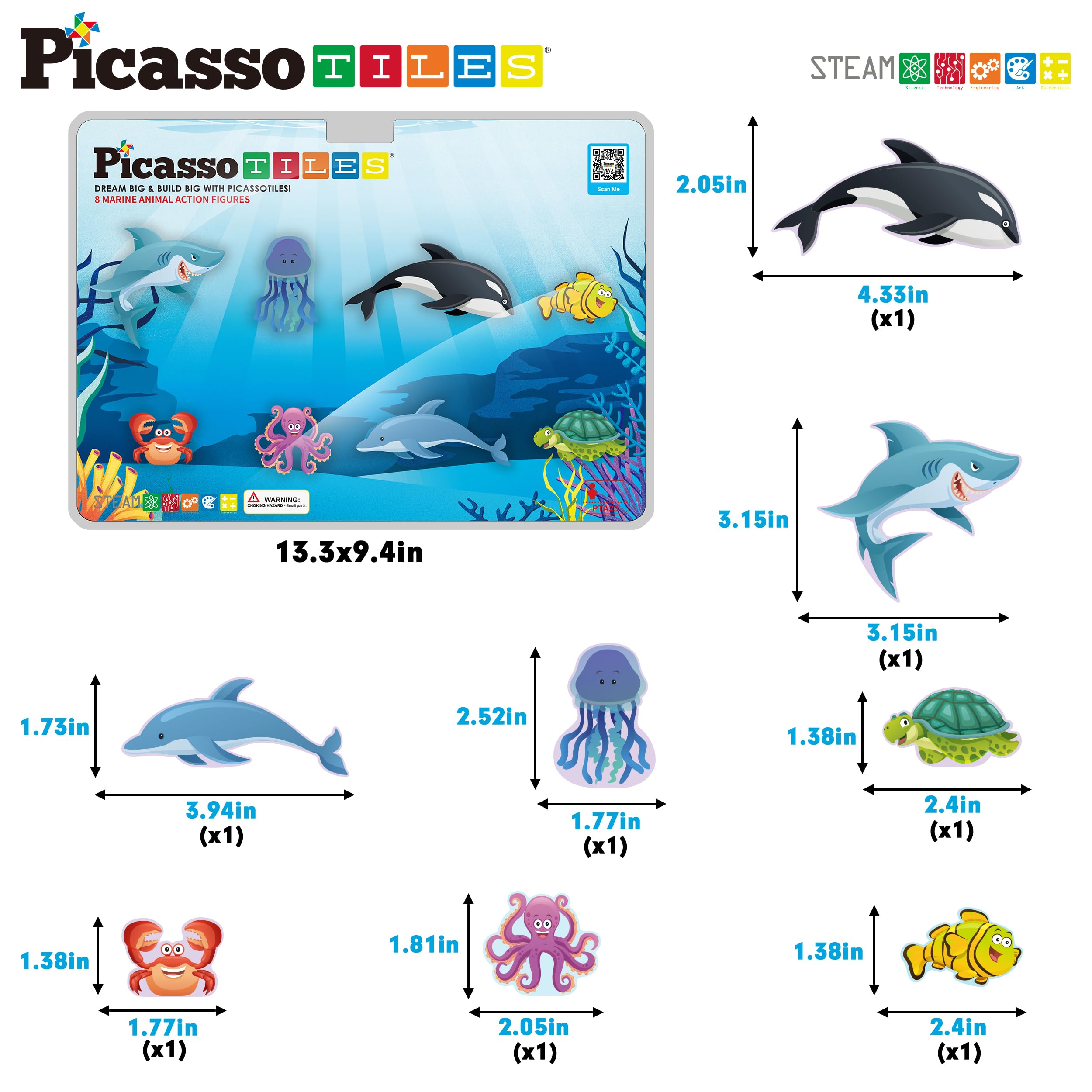 PicassoTiles Magnetic Tile Building Blocks 8 Marine Animal Action Figures Compatible Magnetic Accessory Playset Tiles Kids Toys STEM Educational Learning Preschool Toddler Girls Boys Age 3+ PTA25