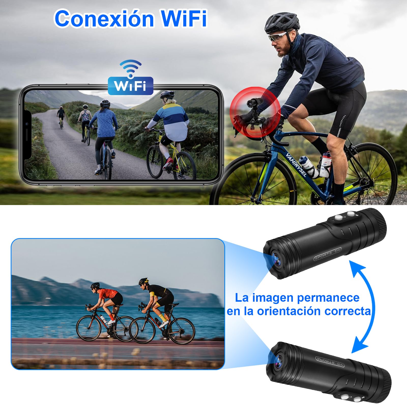 Cámara Acción WiFi Casco Bicicleta - 1080P HD, 120° Angular, Resistente Agua, Conexión App, Pequeña