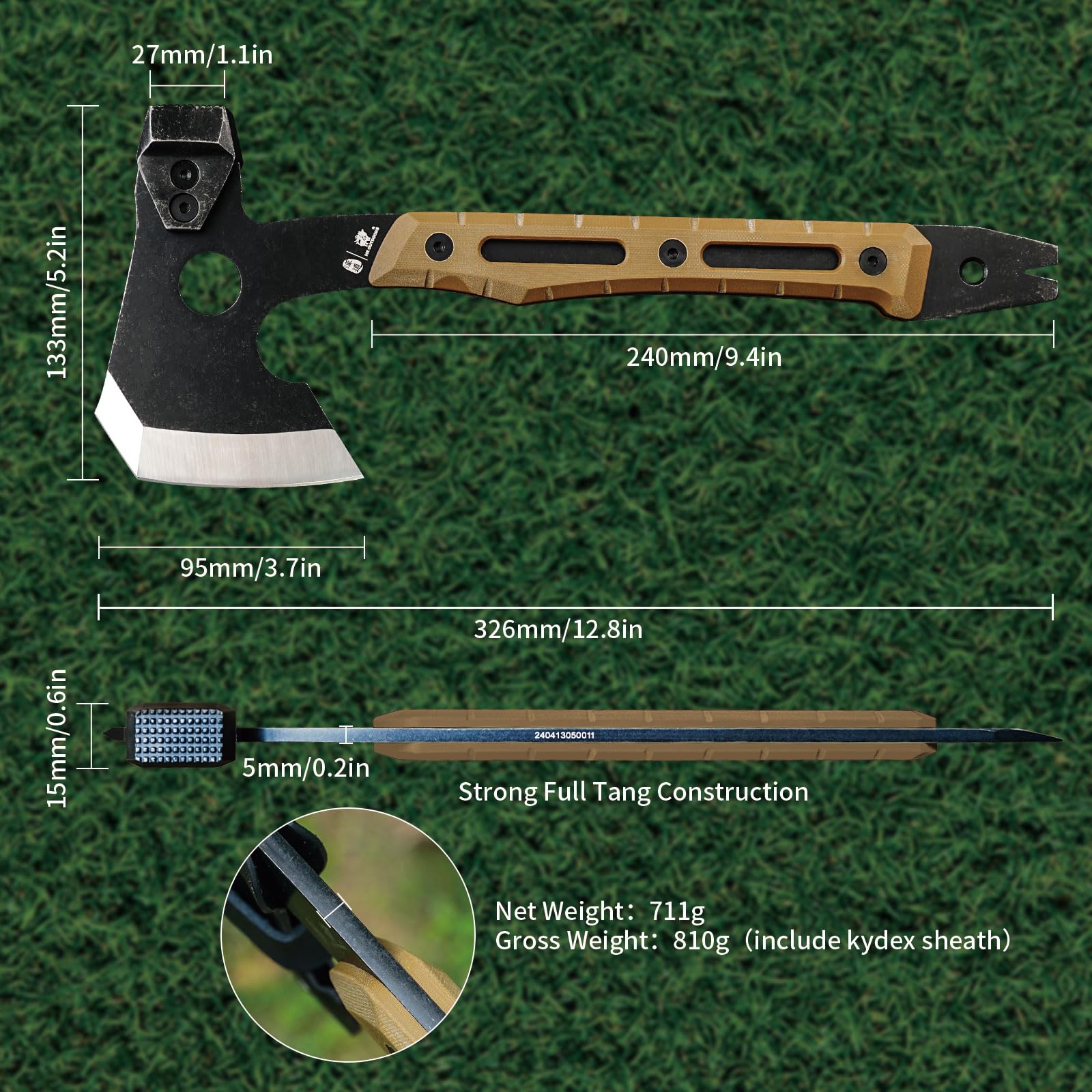 HX OUTDOORS Hacha de Partido Multifuncional, Hacha Táctica de Supervivencia y Campismo de Tanga Completa，Hachas de Mano para Campismo y Bushcraft con Martillo y Sacacorchos (Marrón)