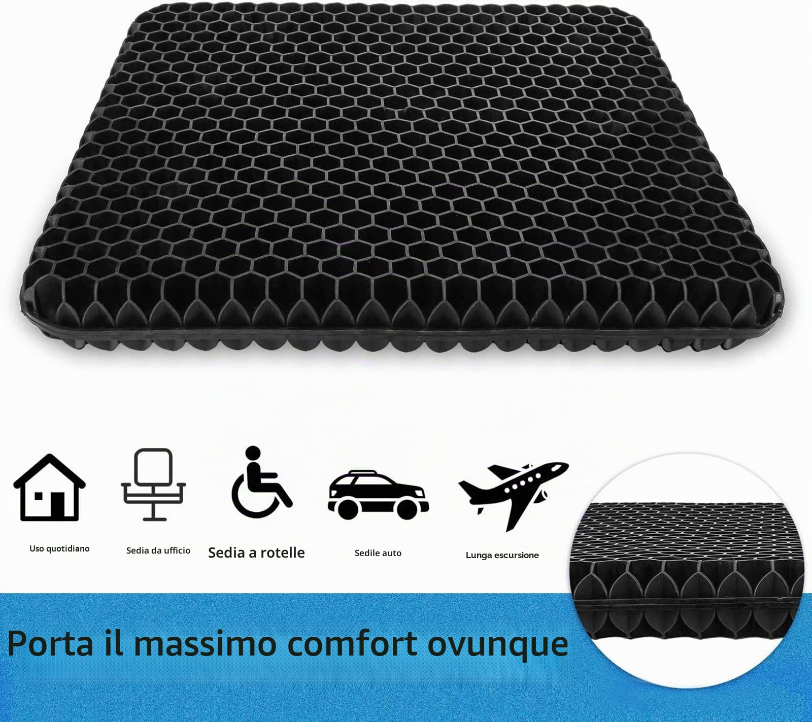 cuscino gel per sedia, Cuscino In Gel, Cuscino per Coccige, Cuscini per Sedie Traspiranti per Auto/Ufficio/Casa/Sedia a Rotelle (Nero, 43 * 39 * 4)