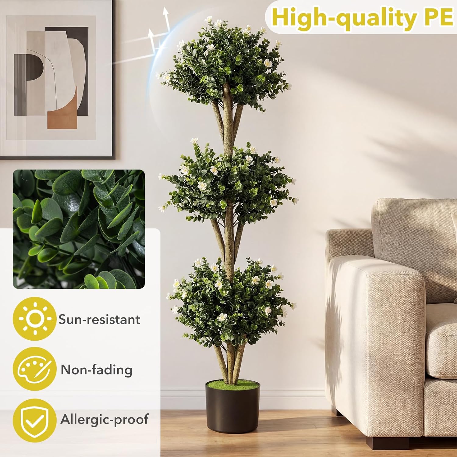 Goplus 51" Artificial Triple Ball Boxwood Topiary Trees, Set of 2 Faux Bush Plant with 59 Blossoms, Cement-Filled Plastic Pot, Sun-Resistant Indoor Outdoor Fake Greenery for Porch Home Decoration