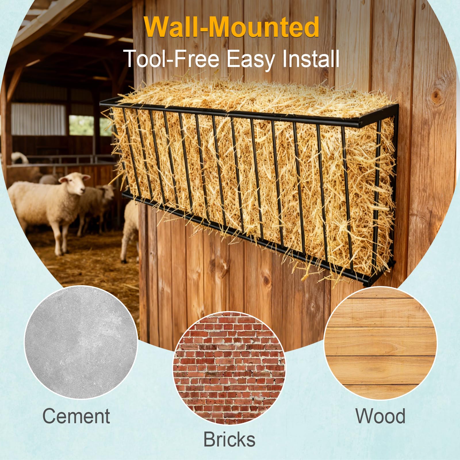 Metal Wall Mount Hay Feeder 60'' Long, 65 Gallon Livestock Feeder for Goats Horses Cattle, Indoor Outdoor Hay Rack Blanket Holder - image 5