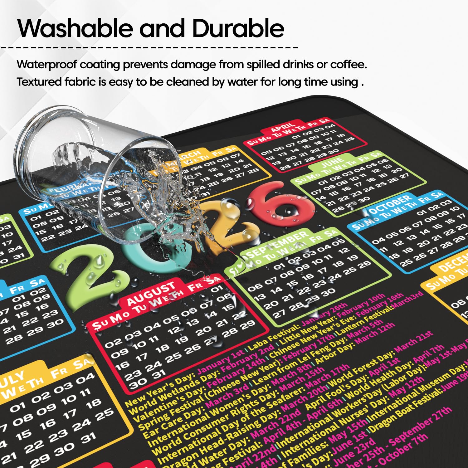 Sounce Mouse Pad 9.6x7.9x0.1 inch, Ultra-Smooth Tracking Surface for PC & Laptop, Durable Stitched Edges, Non-Slip Rubber Base, Washable Computer Mat, Anti-Fraying Design (2026 Calendar) Black 2