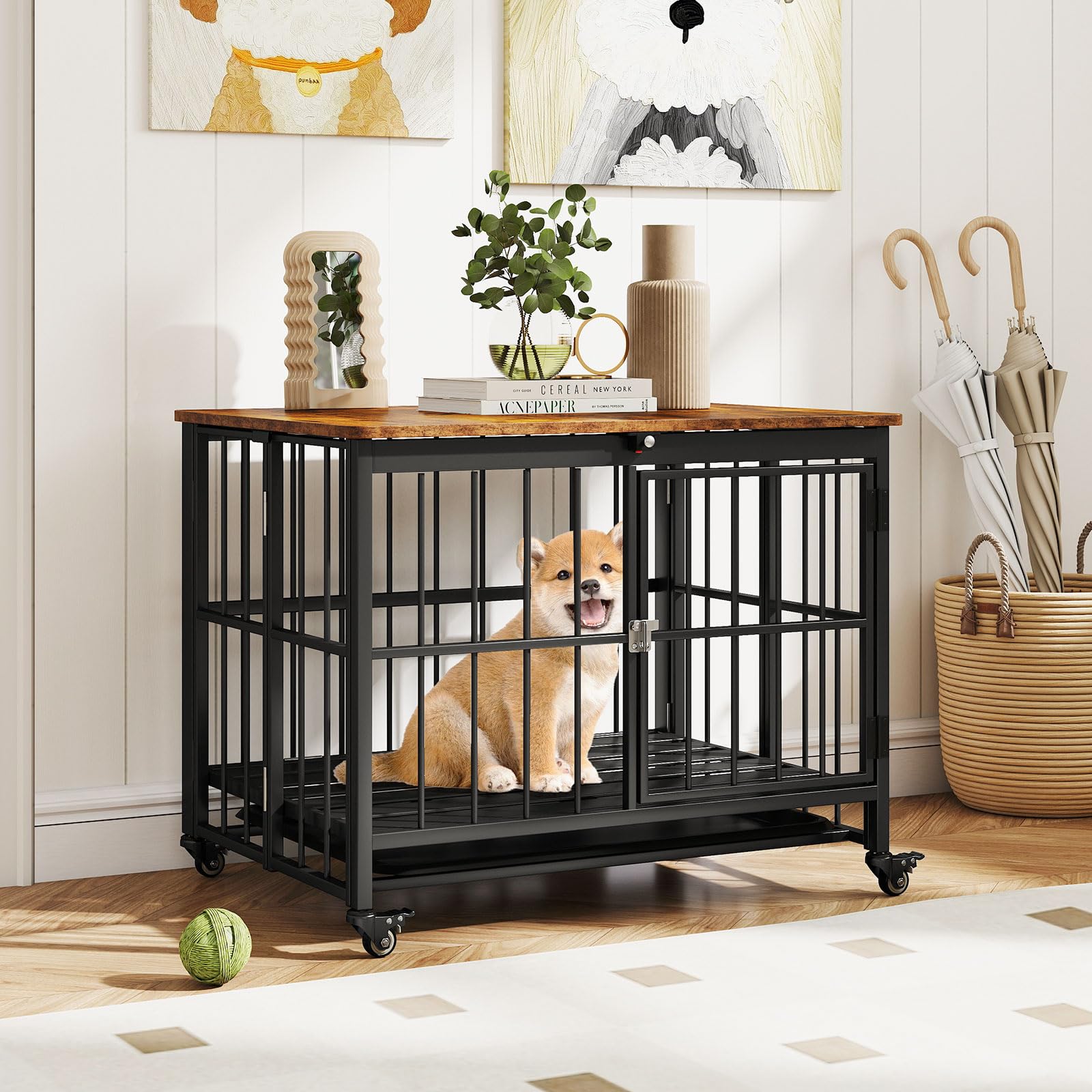 COSTWAY Jaula Plegable para Perros, Casa para Perros con Puerta, Ruedas Bloqueables y Bandeja Extraíble, Ahorra Espacio, Mueble de Madera para Perro con Estructura Metálica de Interior (80x61x64 cm)