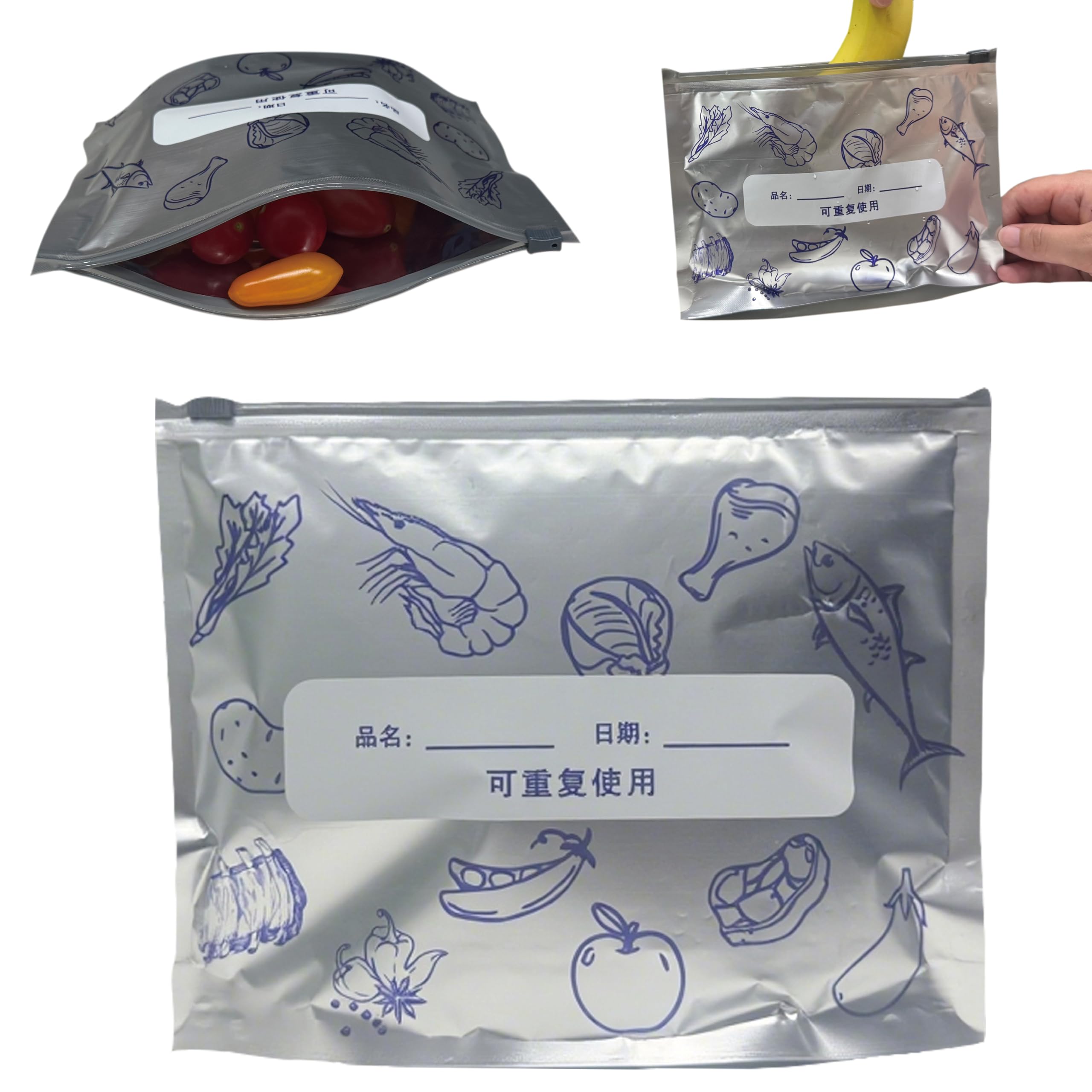 Reusable food storage and preservation slider bags with a stand-up bottom design, made of aluminum foil material, suitable for kitchen food storage