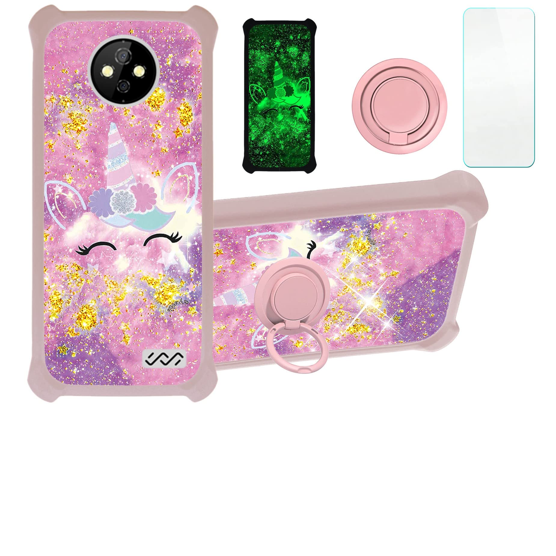 jioeuinlySky Elite J55 Case Compatible with Sky Devices Elite R55 Phone Case Cover [with Tempered Glass Screen Protector][Hard PC + Soft Silicone][Gold Glitter+Luminous] JSF-DJS