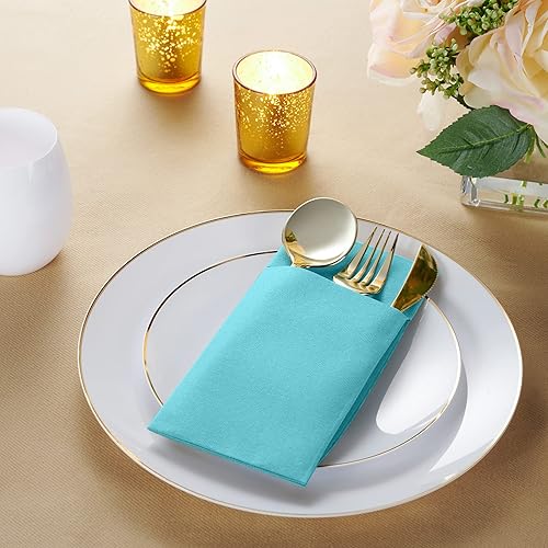 Miniatura 2 de Servilletas desechables de lino con bolsillo integrado para cubiertos, paquete de 50 servilletas de papel preplegadas color azul menta para cenas,