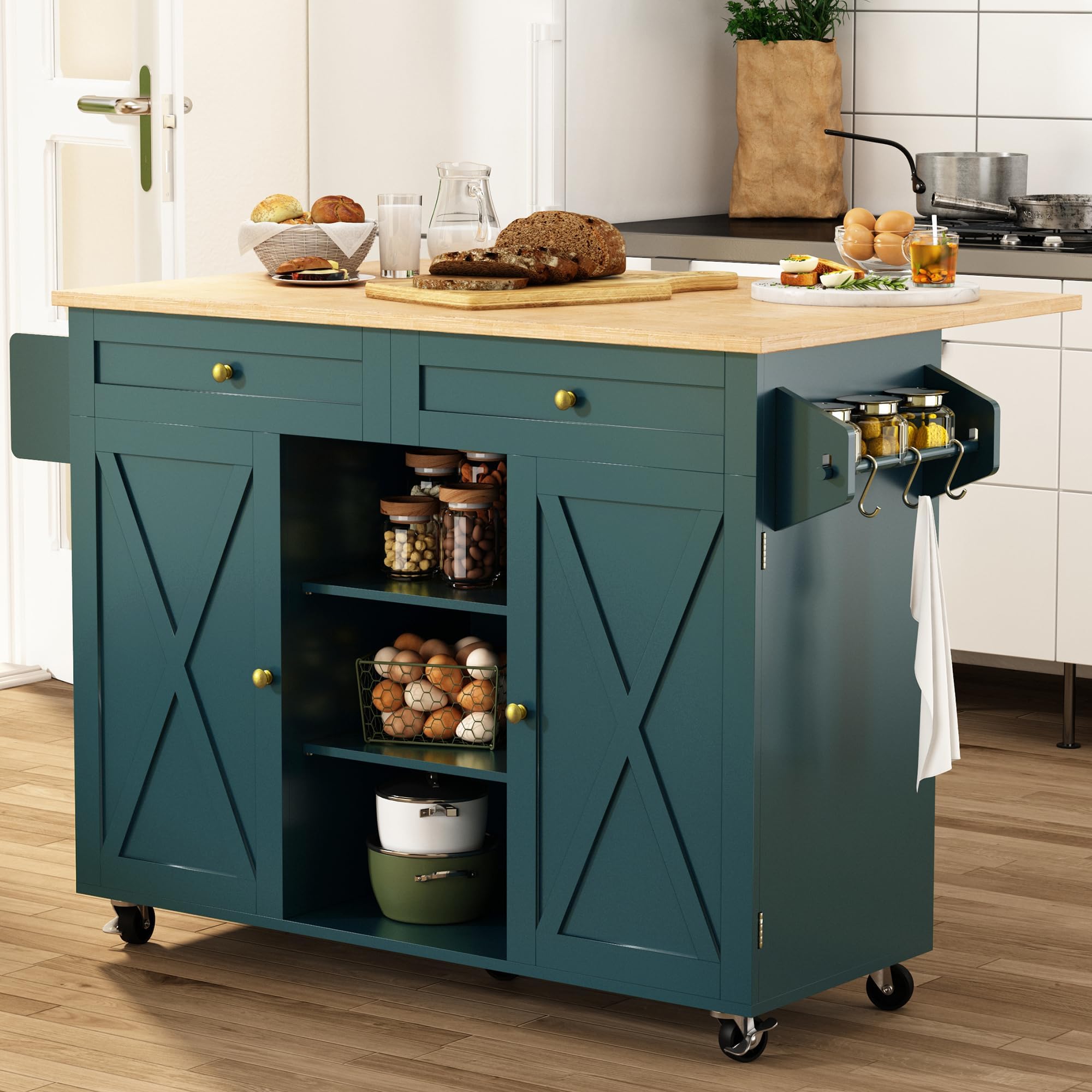 HLR Farmhouse Kitchen Island On Wheels, Teal Green | Rolling Island Cart with Drop Leaf Countertop, Barn Door Island Table with Storage Cabinet and Tower Rack