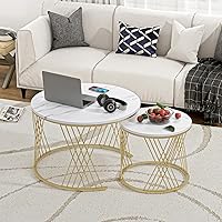 Vista 5 de Giluta Juego de 2 mesas de centro redondas, mesas de centro modernas para sala de estar, mesa central de mármol sintético, mesa de centro anidable