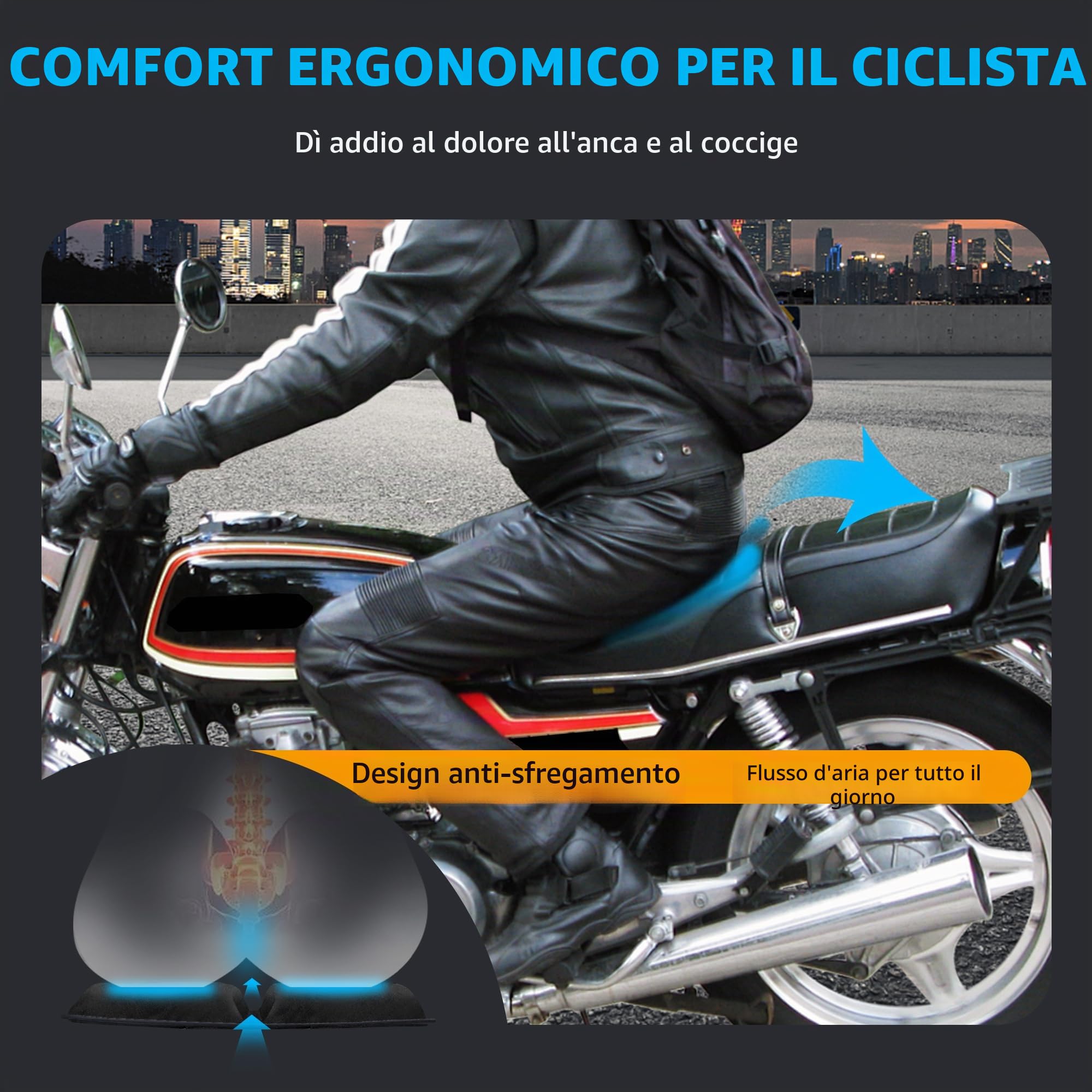 Cuscino per moto in gel per moto universale migliorato fessure di ventilazione 3D struttura a nido d'ape, traspirante e assorbimento degli urti, morbido e confortevole per lunghi viaggi