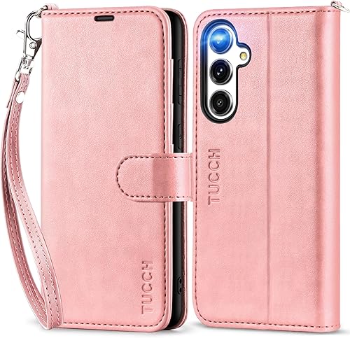 TUCCH Funda tipo cartera para Galaxy S23 FE, correa de muñeca, función atril de piel sintética bloqueo RFID con ranura para tarjetas con funda