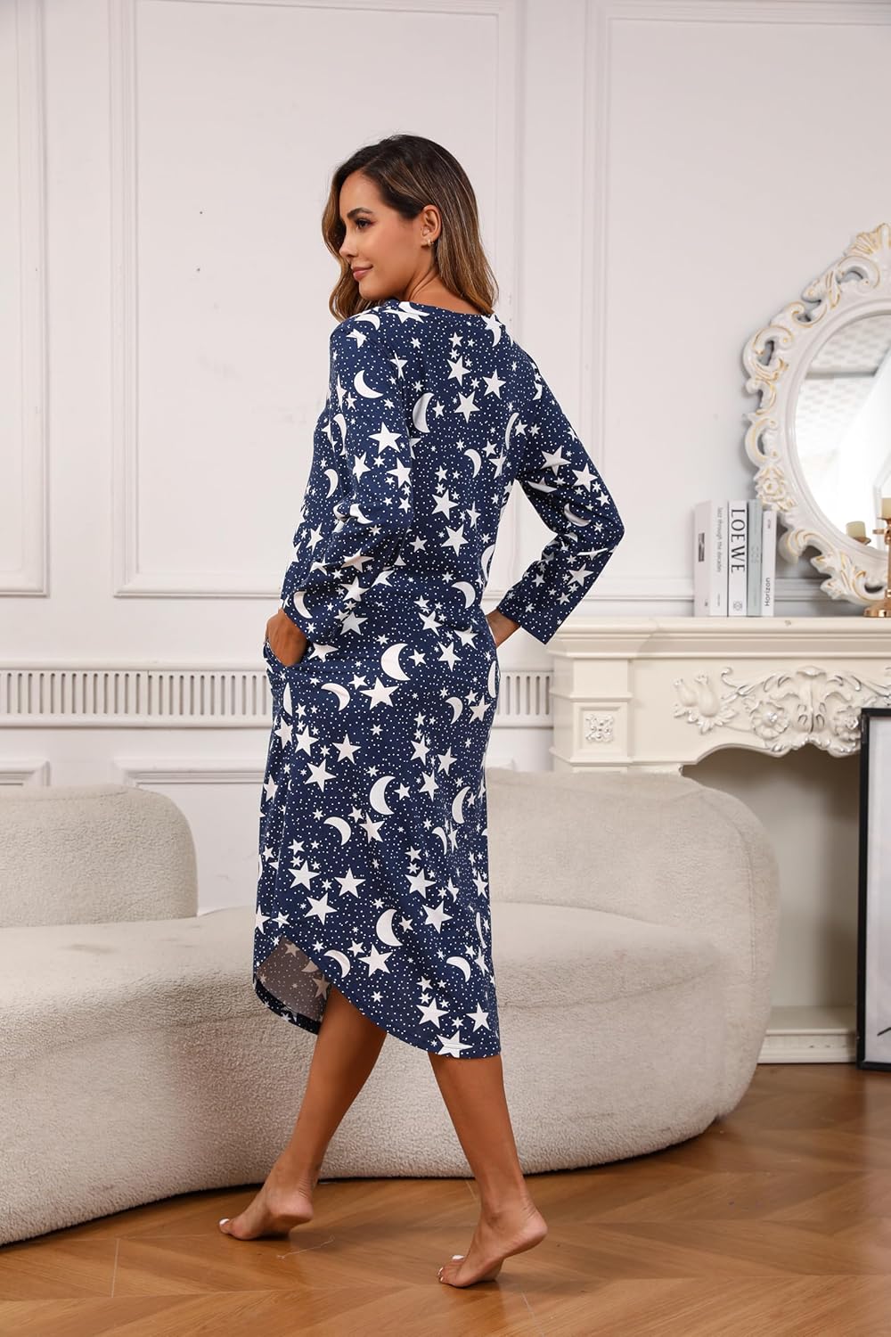 PNAEONG Nightgowns for Women Soft Cotton Long Sleeve Night Gowns Adult Sleepwear V Neck Nightshirt Comfy Sleepshirts - Image 4