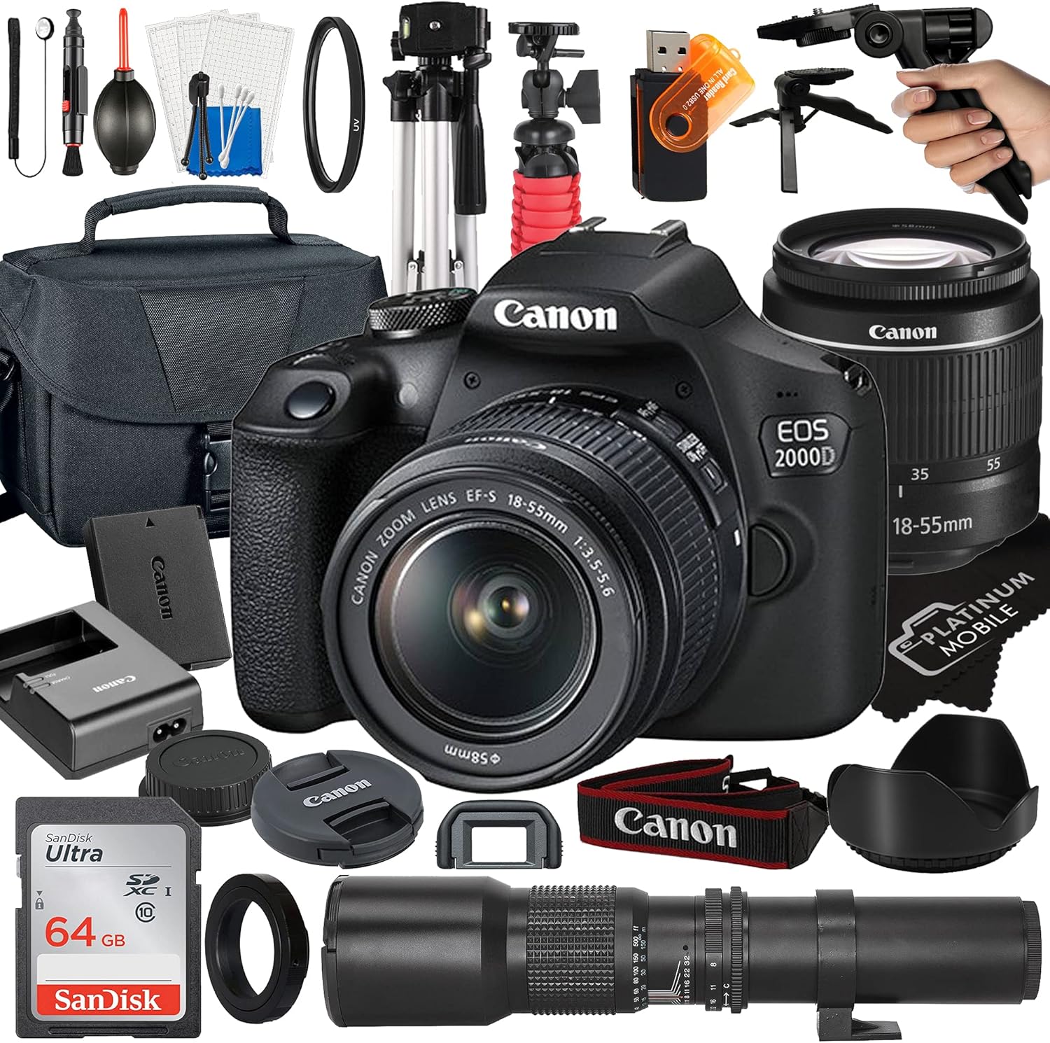 Canon EOS 2000D / Rebel T7 DSLR Camera with EF-S 18-55mm + 500mm Preset Manual Focus Lens + SanDisk 64GB Card + Tripod + Case + MegaAccessory Bundle (23pc Bundle) (Renewed)