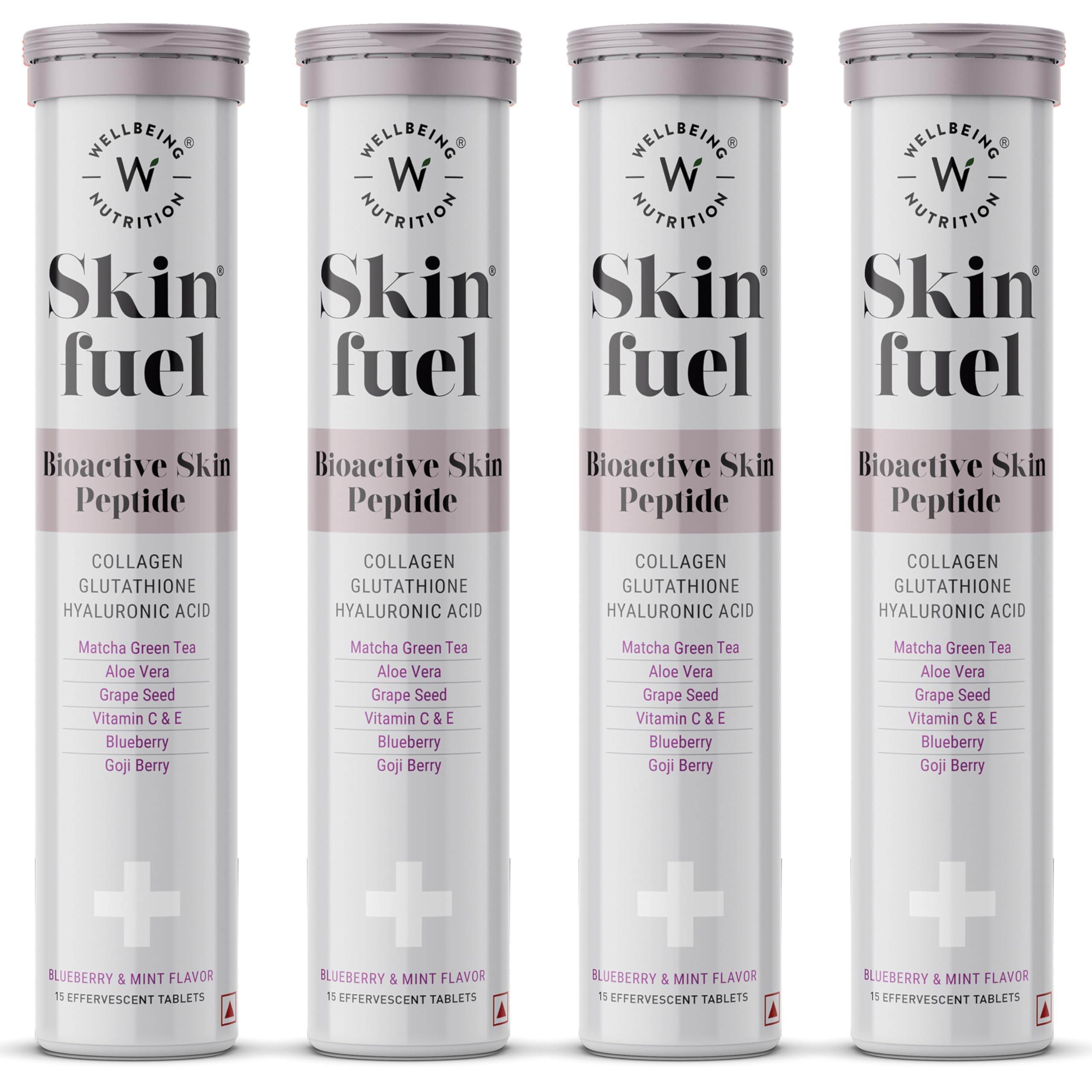 Wellbeing Nutrition Skin Fuel | Glutathione & Collagen Tablets | Skin Glow and Radiance for Men & Women | Hyaluronic Acid, Grape Seed, Vitamin E (15 Effervescent Tablets) Pack of 4