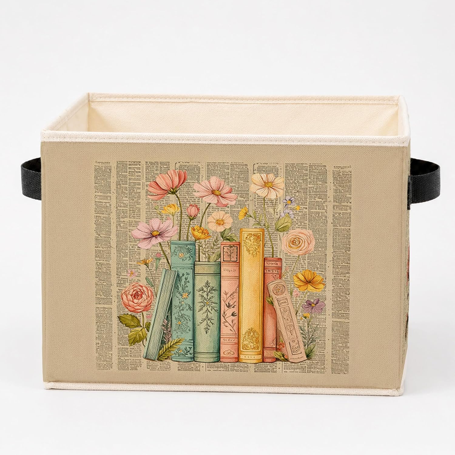 Vintage Floral Books Storage Bins with Handles, Bookish Reading Lover Gifts Collapsible Clothes Toys Books Organizer Basket for Reading Nook Corner Room Library Home Bedroom