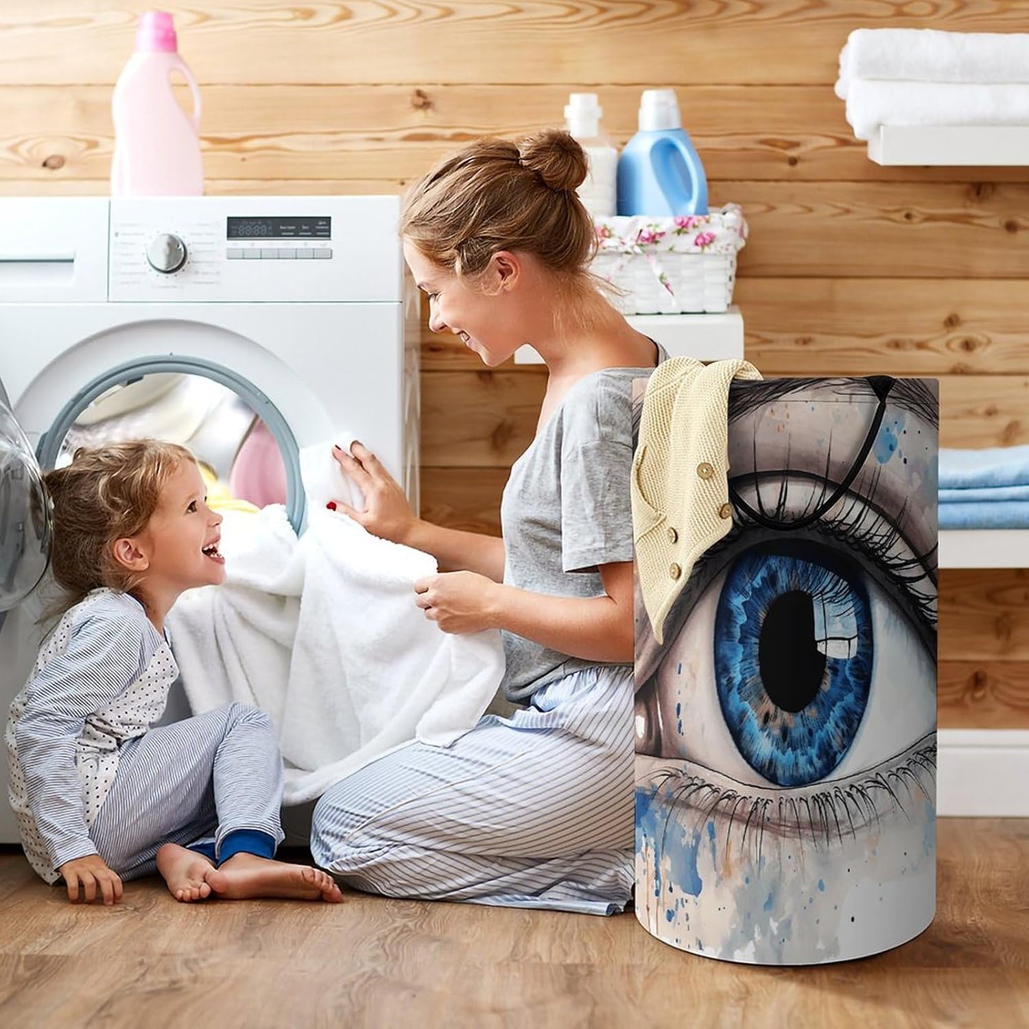 Large Laundry Hamper with Handles Blue Eye Laundry Basket Freestanding Waterproof Clothes Hamper for Living Room Bedroom Bathroom College Dorm