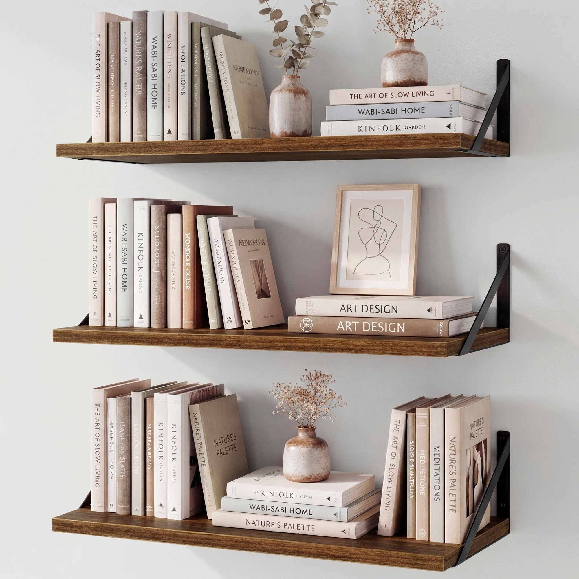 Fun Memories Floating Bookshelves, Set of 3 Wall-Mounted Wood Shelves 60 x 20 CM, Decorative Wall Shelf for Living Room, Bedroom, Bathroom, and Laundry Room (Walnut)