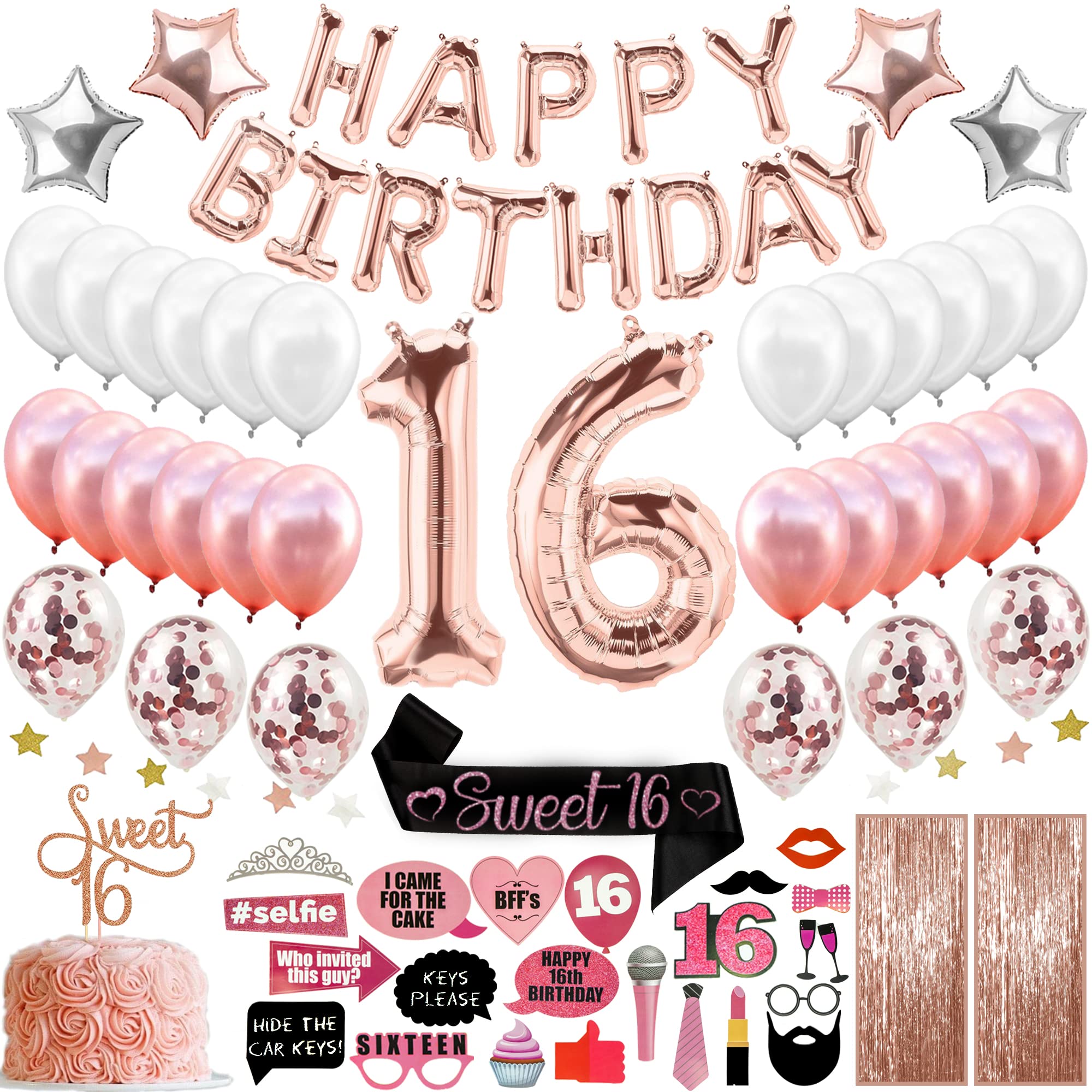 77 Piece Sweet 16 Birthday Decorations With Photo Booth Backdrop and