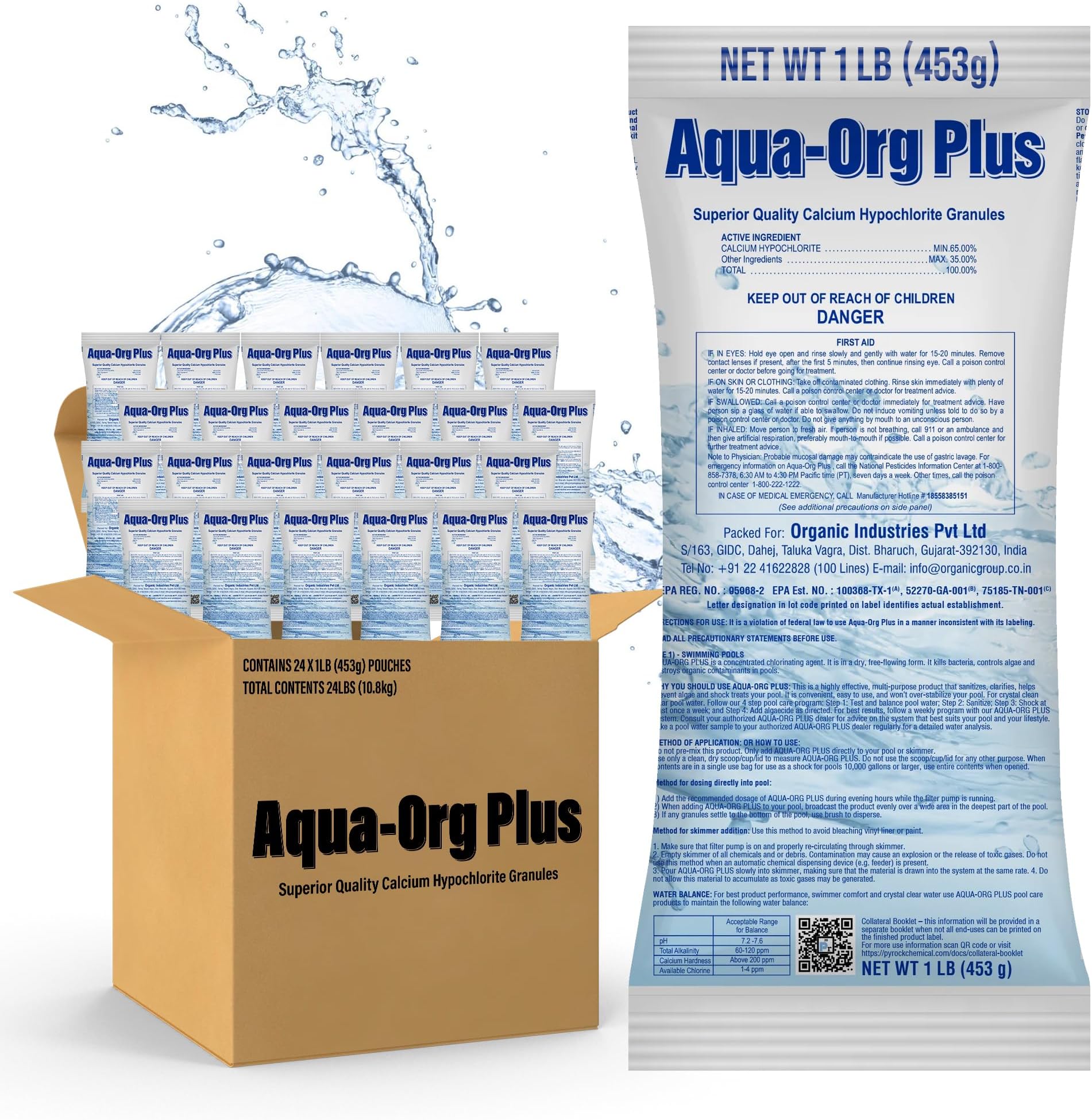 Pool Shock by Aqua Org Plus - 65% Granular Cal Hypo - Swimming Pool Shock for In-Ground, Above Ground, Spas & Hot Tubs - 24-Pack of 1 Pound Bags