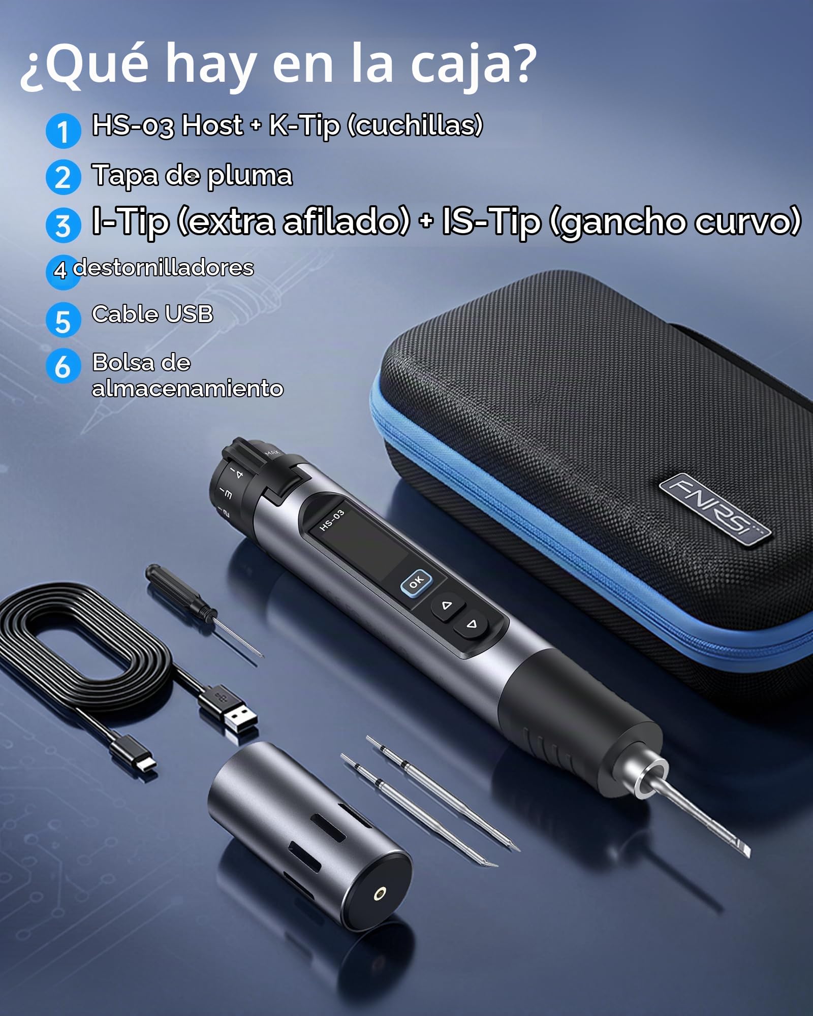 FNIRSI Kit de soldador inalámbrico HS-03, batería desmontable de 2600 mAh, 100.0-450.0 °C, ajuste de temperatura de 5 niveles, calor rápido de 3 segundos, pantalla IPS de 0.96 pulgadas, apagado