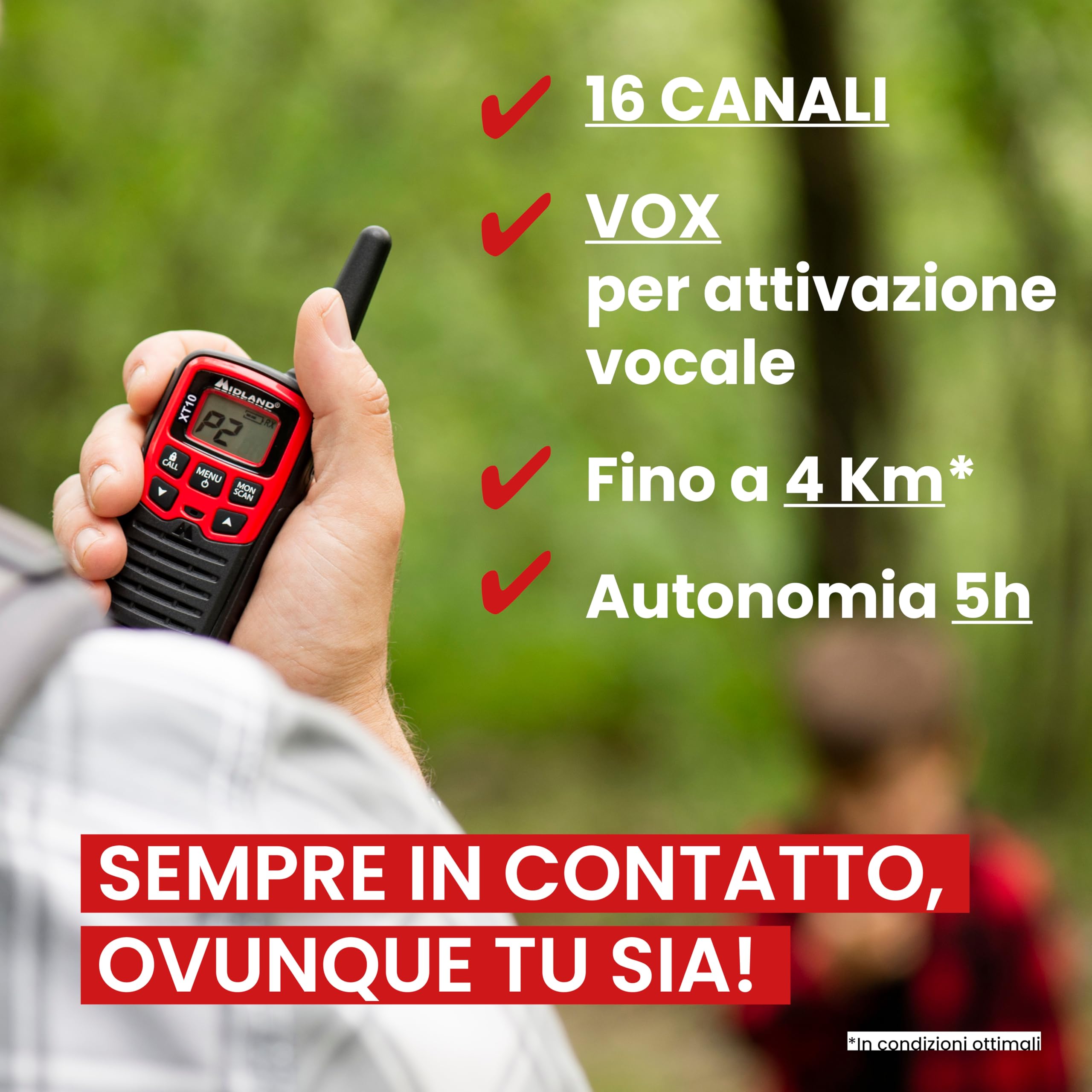 Midland - Walkie Talkie per Famiglie XT10, 2 Radio Ricetrasmittenti per Esterno e Famiglia - 16 Canali PMR446 Senza Licenza, Raggio 4Km, 38 Toni CTCSS, VOX, SCAN, 2 Clip Cintura Inclusi