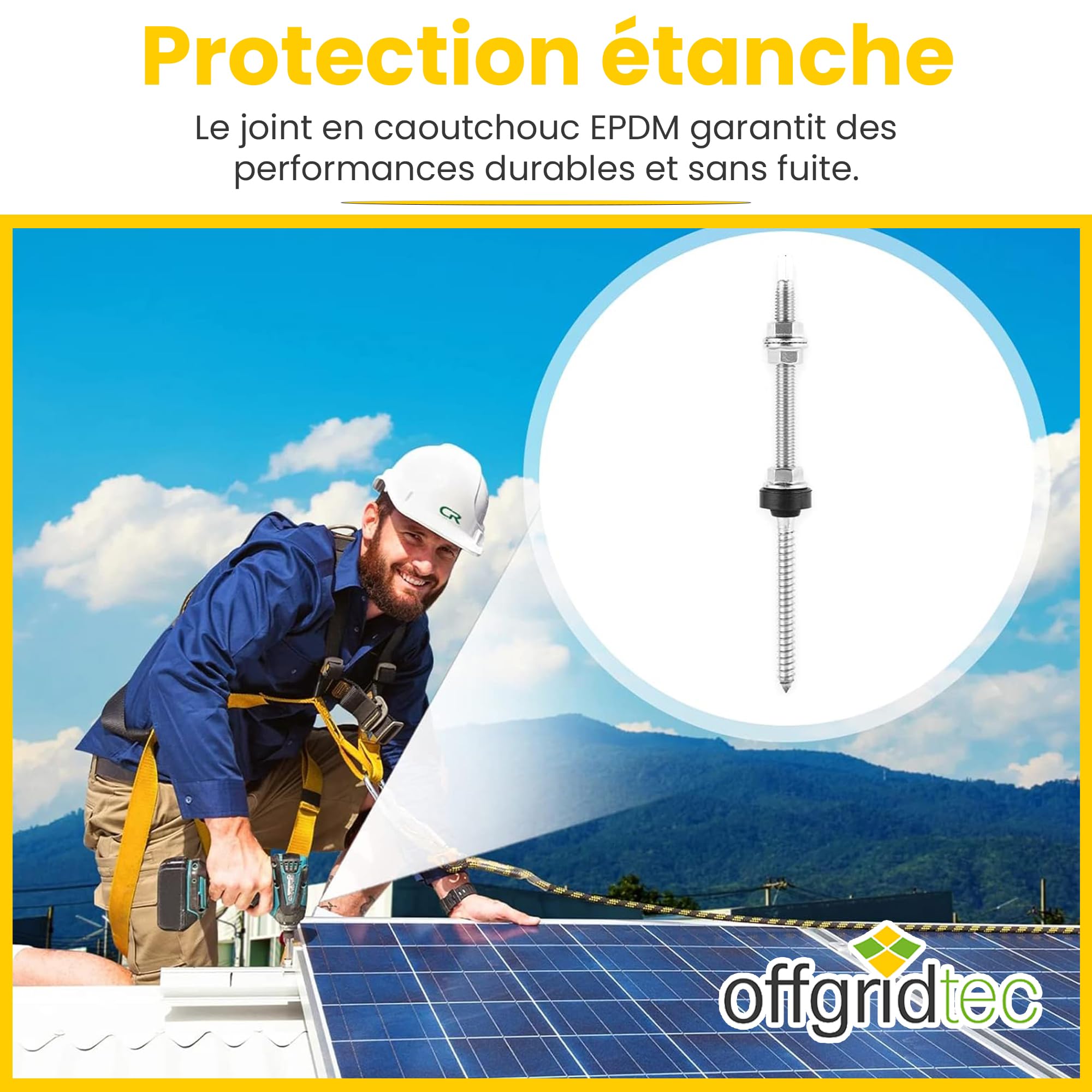 Offgridtec Lot de 10 vis à double filetage M10 x 200 en acier inoxydable avec plaque d'adaptation et joint en caoutchouc EPDM