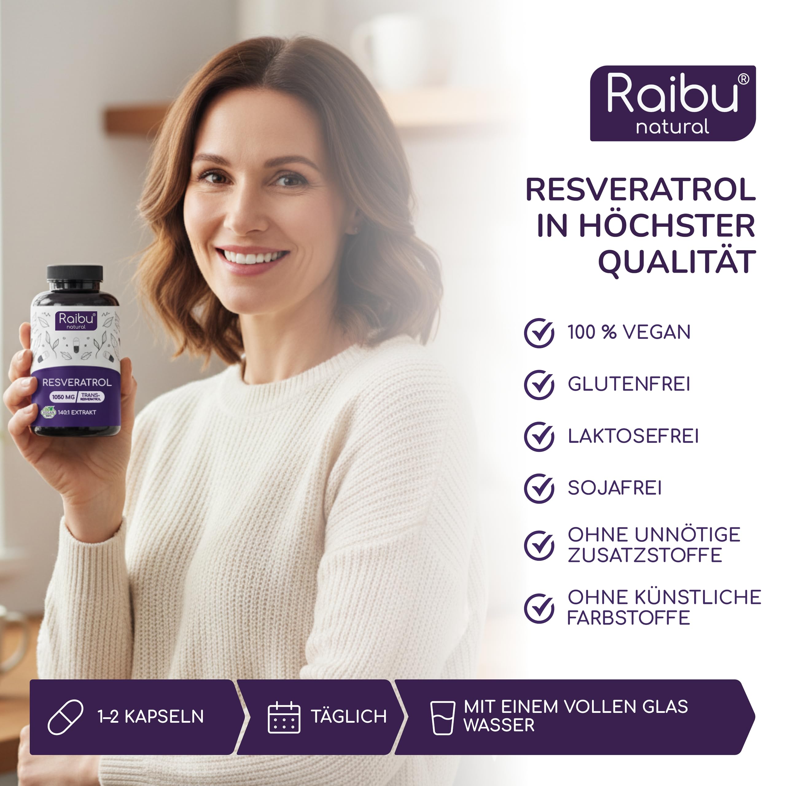 Resveratrol hochdosiert - 1050  mg (98%) Trans-Resveratrol pro Tag - 140:1 Extrakt (=147.500 mg japanischer Staudenknöterich Wurzel je Tagesdosis) - 60 Kapseln, vegan & ohne Zusatzstoffe