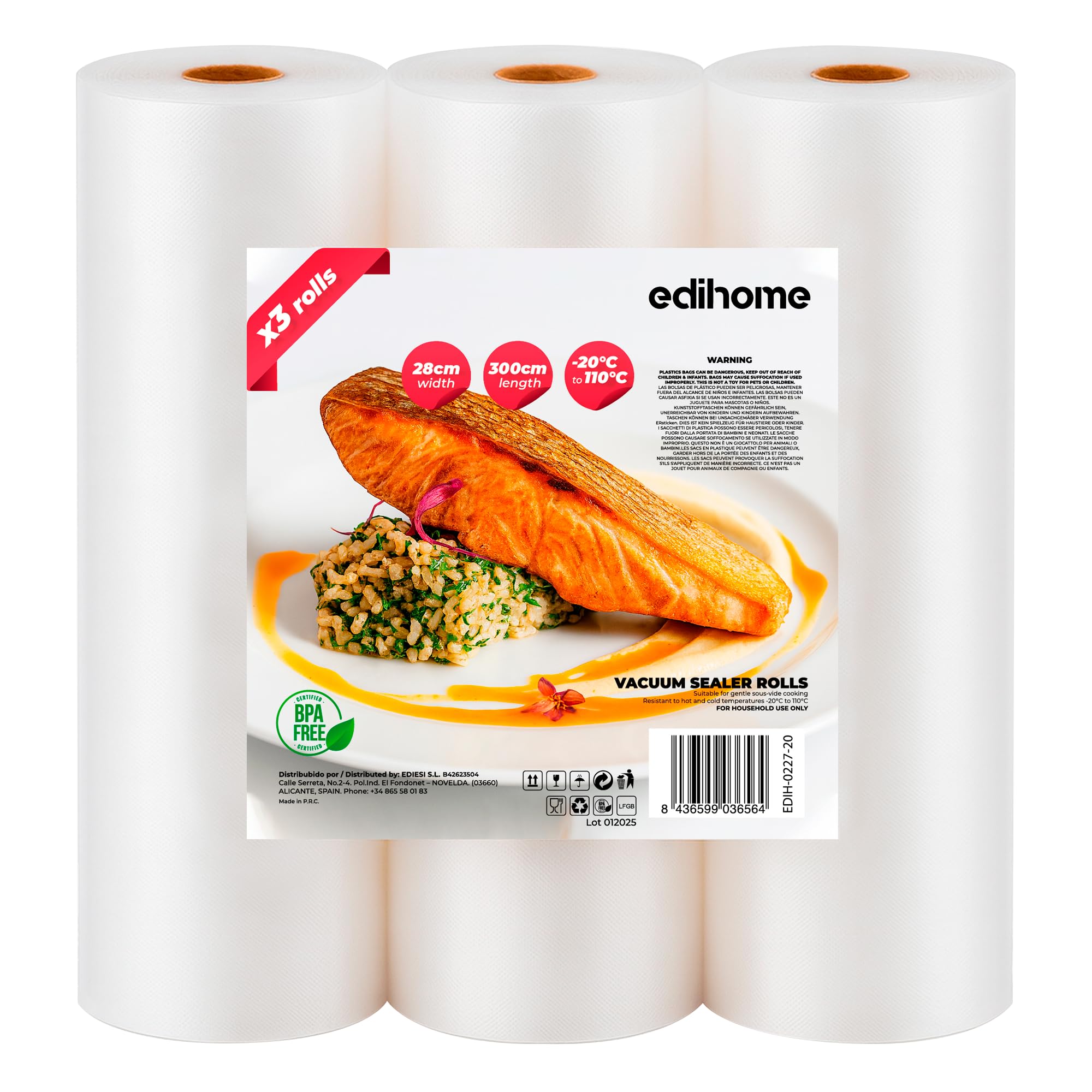 Edihome, Vakuumierbeutel, 3 Rollen, 28x300cm, Sous Vide, BPA frei, nicht Wiederverwendbar, Vakuumbeutel, Folie, Food Bag, für das Essen (28x300cm)